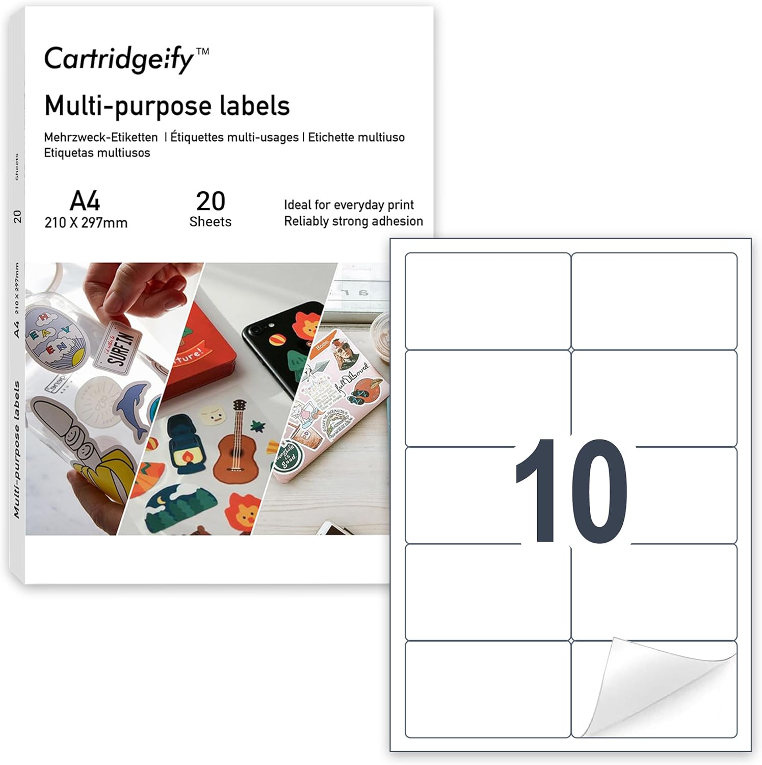 Cartridgeify A4 Universal Labels, 10 Pieces/Sheet, 20 Sheets, Printable