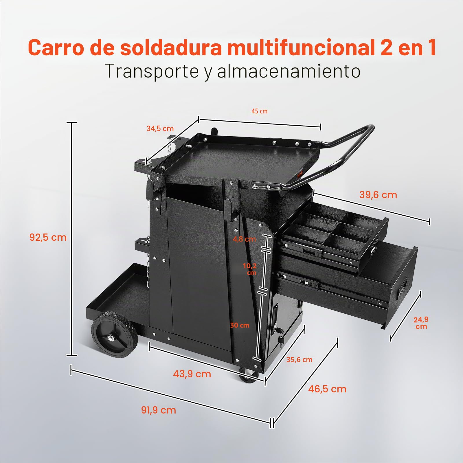 VEVOR Carro de Soldadura de 2 Cajones, Resistente, con Gabinete con Cerradura Antirrobo, Capacidad de Peso Estático de 159 kg, Ruedas Giratorias de 360°, Cortador de Plasma, 465 x 920 x 925 mm