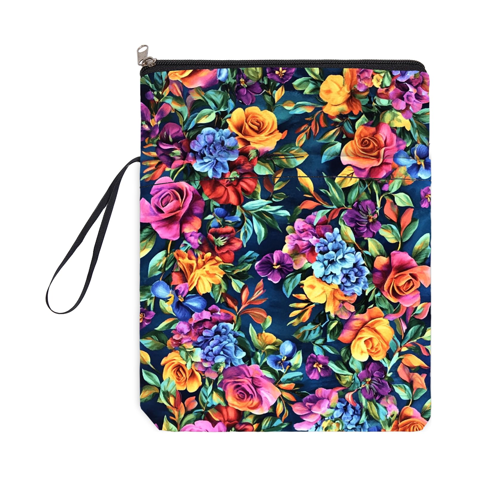NICENEEDED 9" x 11.4" Book Cover with Zipper and Front Pocket, Waterproof Cloth Washable Book Protector with Handle, Watercolor Flowers Book Sleeve for Paperbacks
