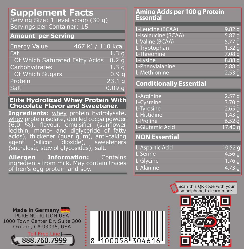 Pure Nutrition HYDRO 100 WHEY HYDROLYSAT Protein Pulver|Molkenproteinpulver Drink|Molkepulver Muskelaufbau Low Carb Fat Stevia|Schoko Cookies Molke Eiweiß|Premium German Qualität|15|30|60 Portionen