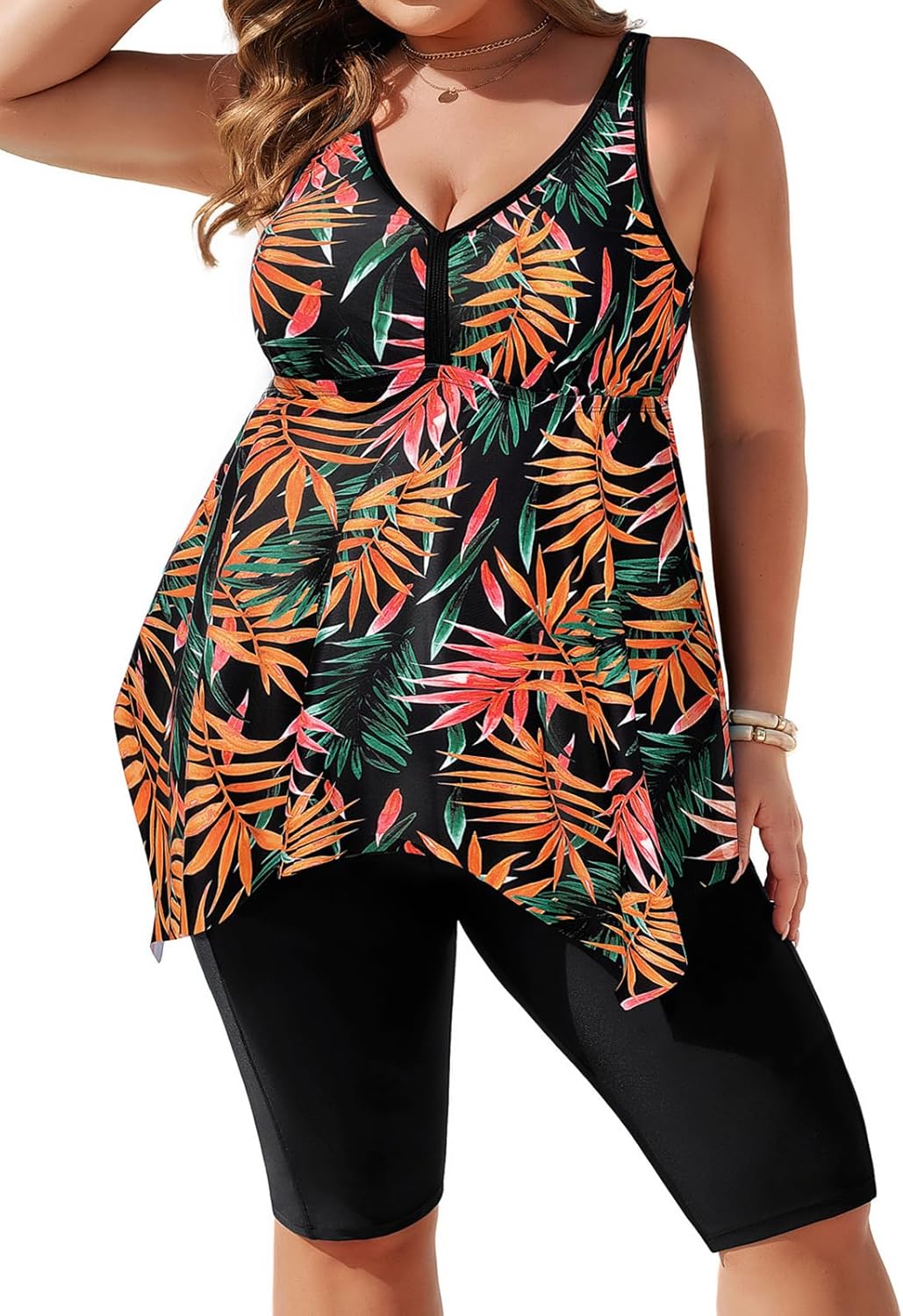 Hanna Nikole Women Plus Size Tankini Swimsuit 2 Piece Bathing Suits with Pockets Flowy Rash Guard Swimwear with Capris Shorts