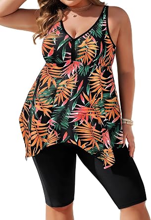 Hanna Nikole Women Plus Size Tankini Swimsuit 2 Piece Bathing Suits with Pockets Flowy Rash Guard Swimwear with Capris Shorts
