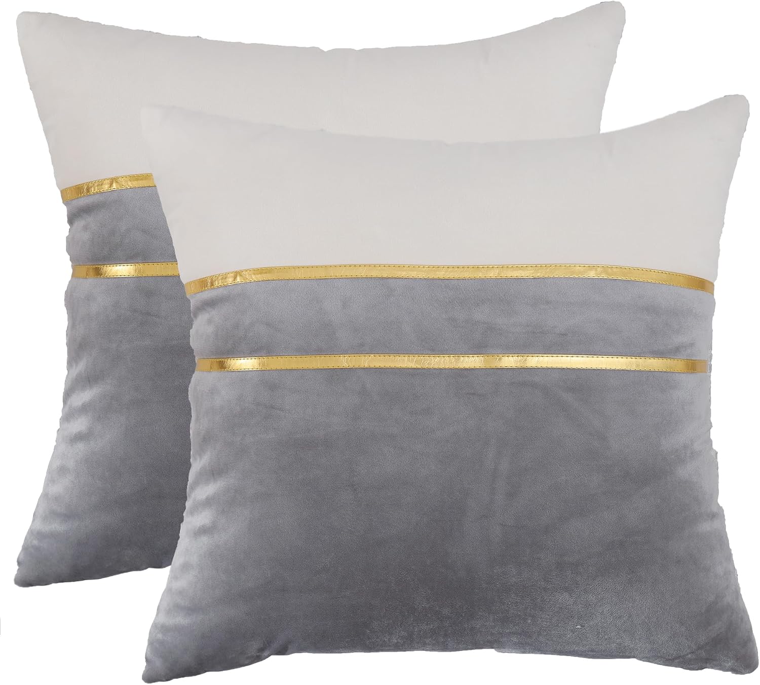 Tosleo Luxury Velvet Pillow Covers 20x20 Inch, Pack Of 2 - Gray With Gold Diamond Stripes & Leather Trim