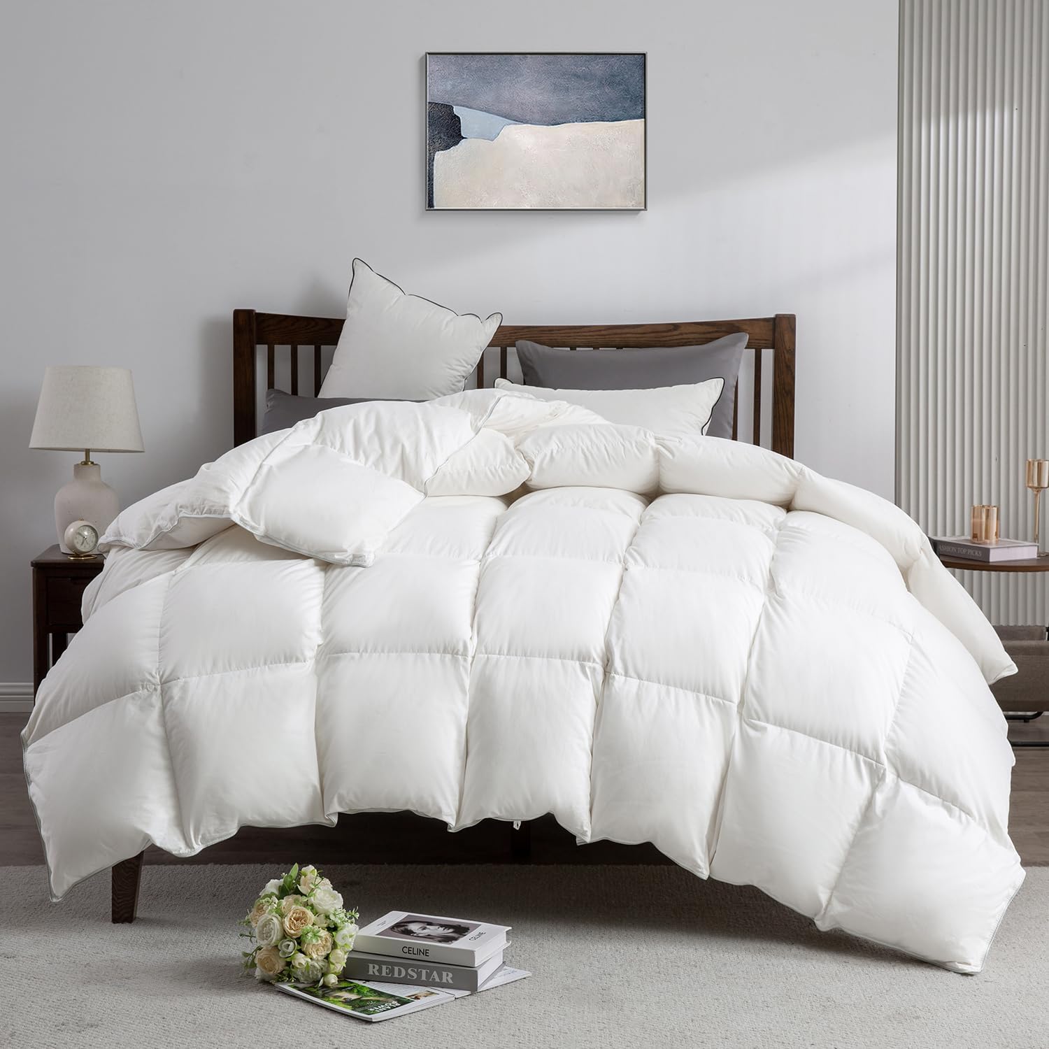 APSMILE Hotel Quality Feathers Down Fiber Comforter Super King Size, Fluffy Duvet Insert for All Season, Lightweight Feather Duvet with 8 Corner Tabs (White,120"×120") Super King White/All Season