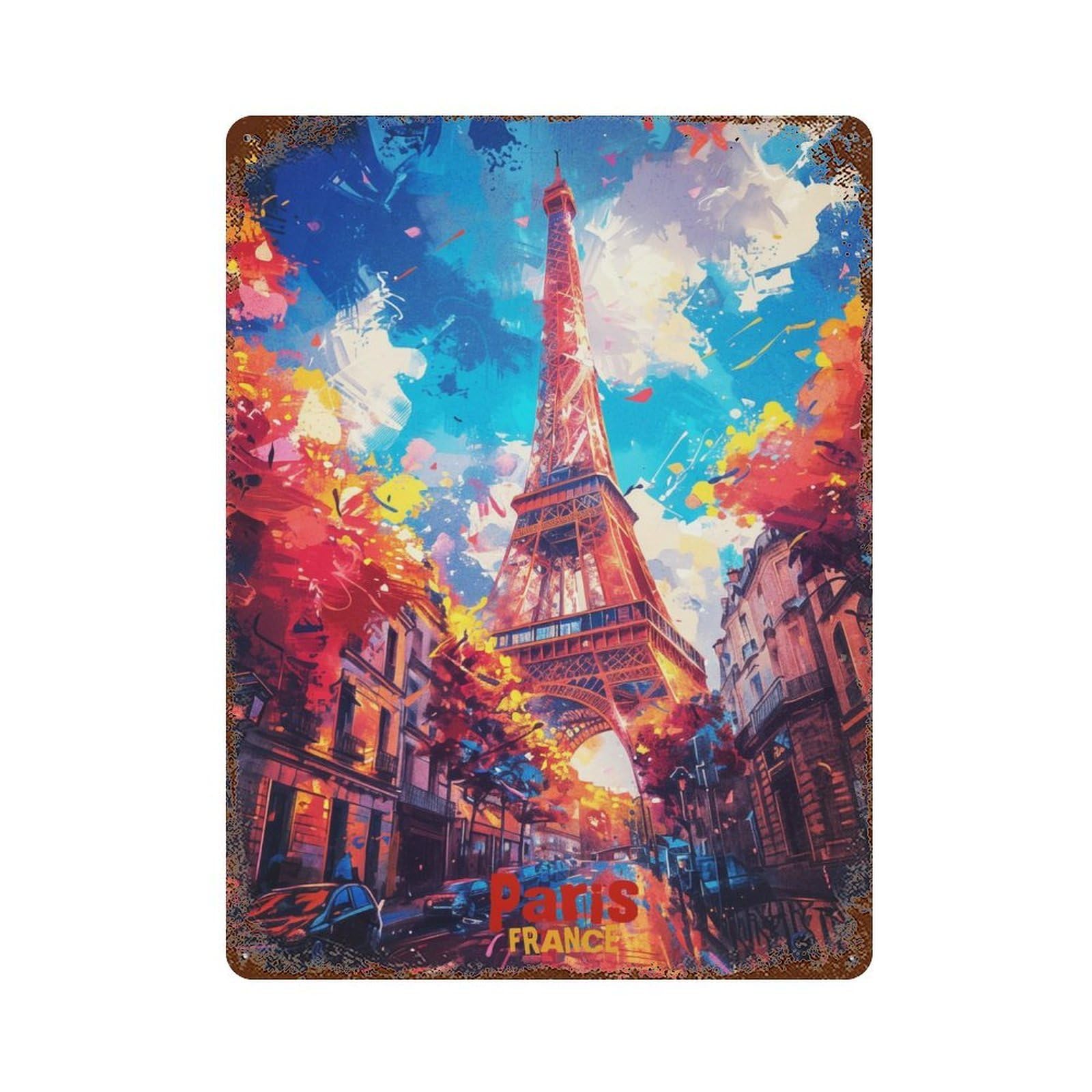 Rust Effect Paris Art Distressed Metal Wall Sign 15.7"x11.8", Decorative Metal Wall Art for Living Room, Hallway And Home Decor
