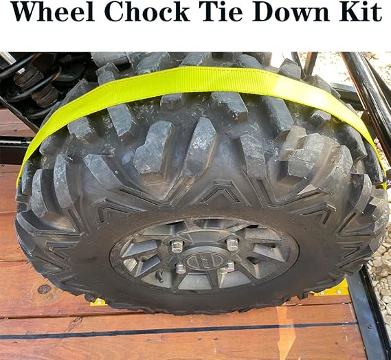 Wheel Chock Tie Down Kit Trailer Tire Straps System for ATV, UTV, Lawn Mower and More