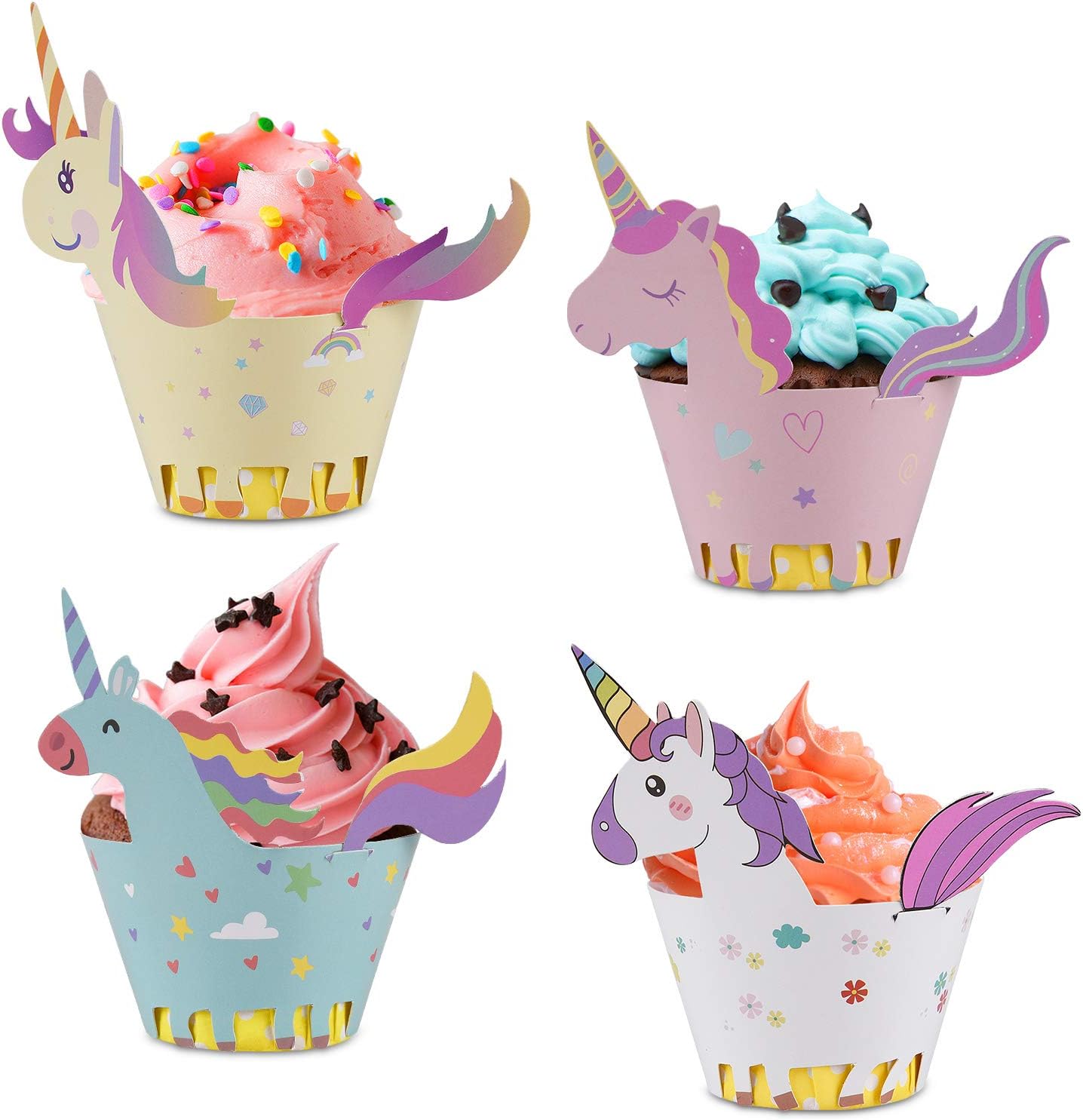 Unicorn Cupcake Wrappers + Toppers, Cute Cake Decorations for Girl Birthday Party Supplies, Baby Shower 4 Styles Set of 48- By Vajeme