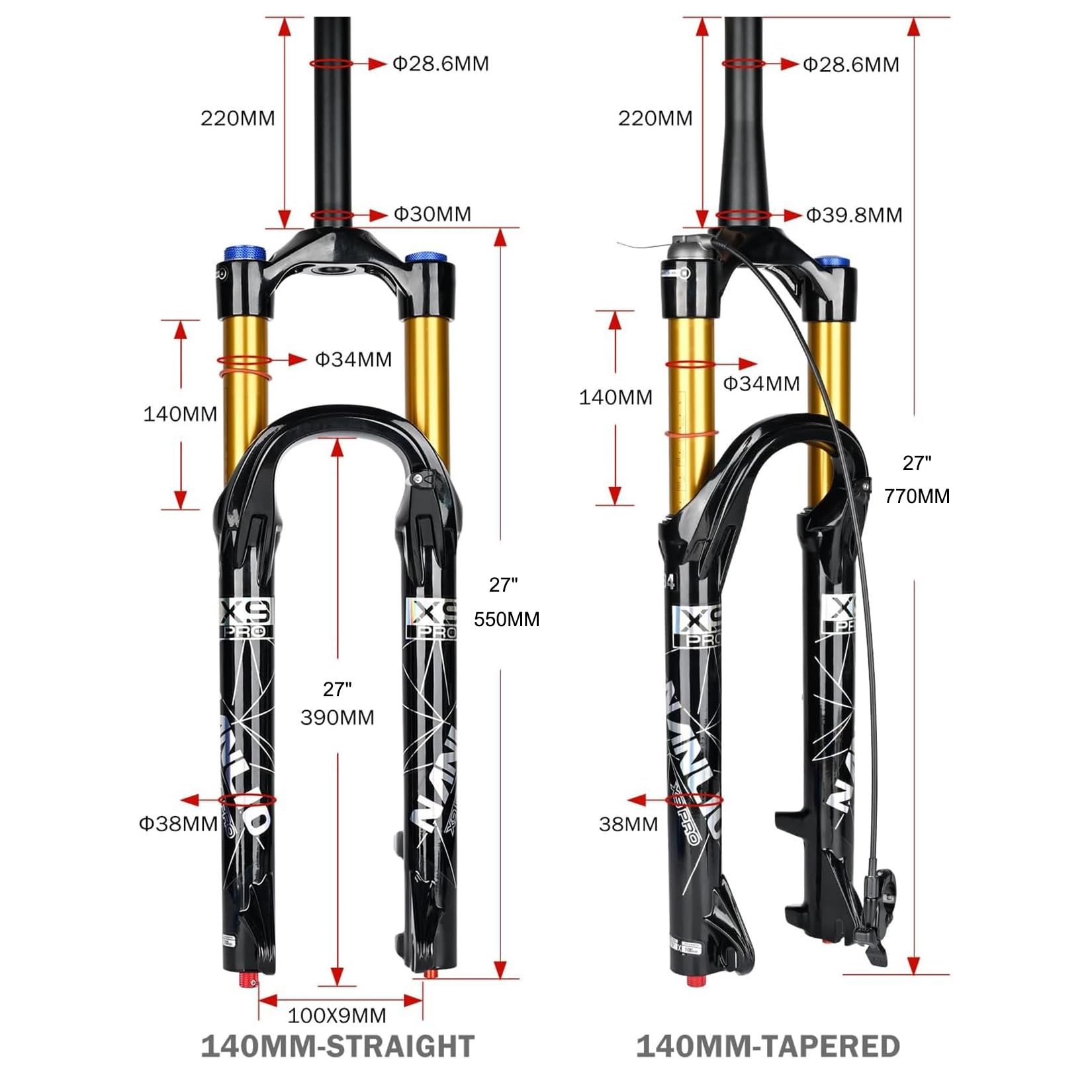 Fourche Avant de VTT à Suspension pneumatique, Compatible avec Les Tailles 26/27,5/29 Pouces, avec Amortissement et détente réglables et débattement de 140/160 mm.