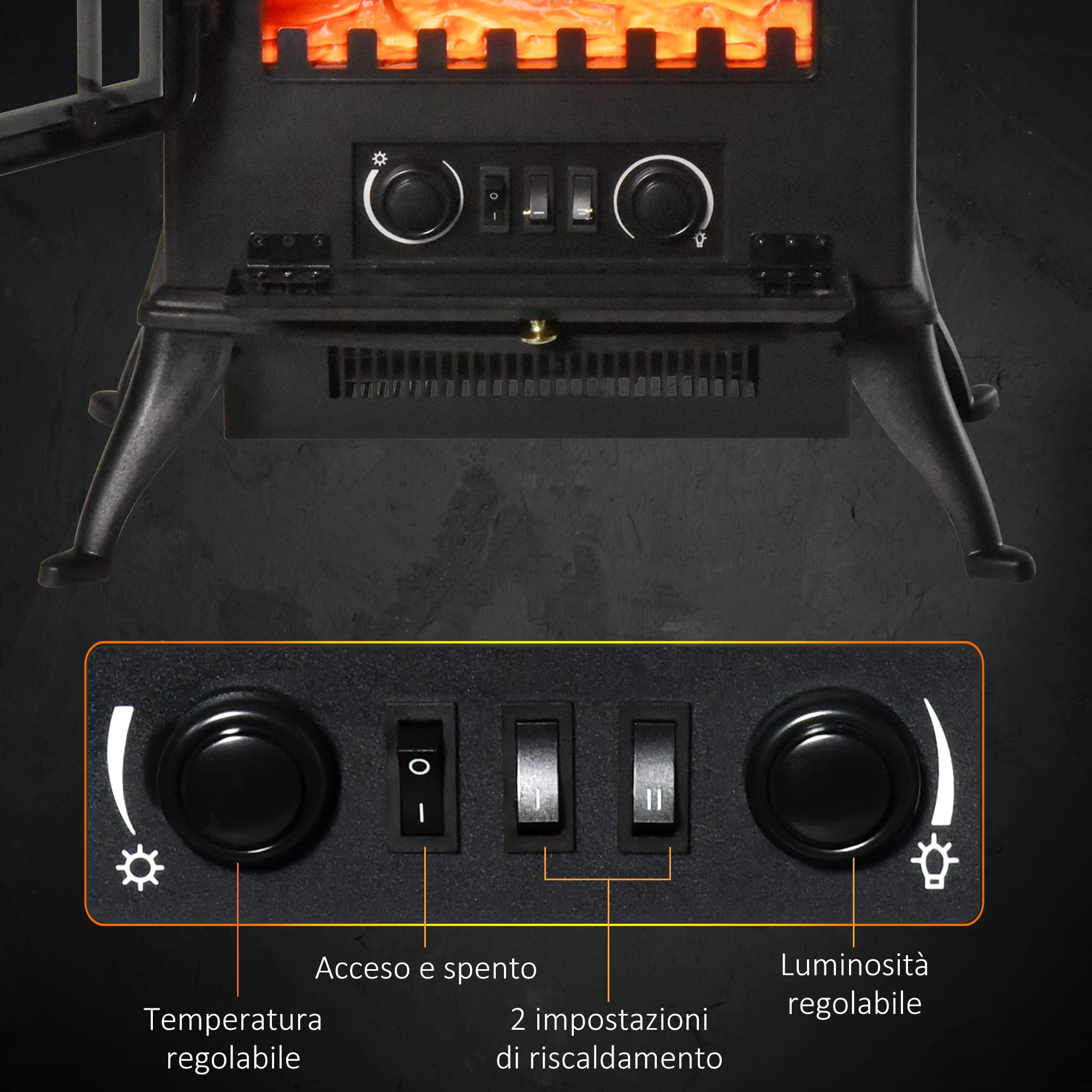 HOMCOM Camino Elettrico da Terra con Effetto Fiamma, Caminetto Elettrico 1000W /2000W con Protezione da Surriscaldamento e Termostato, in ABS e Vetro, 45x28x54cm, Nero