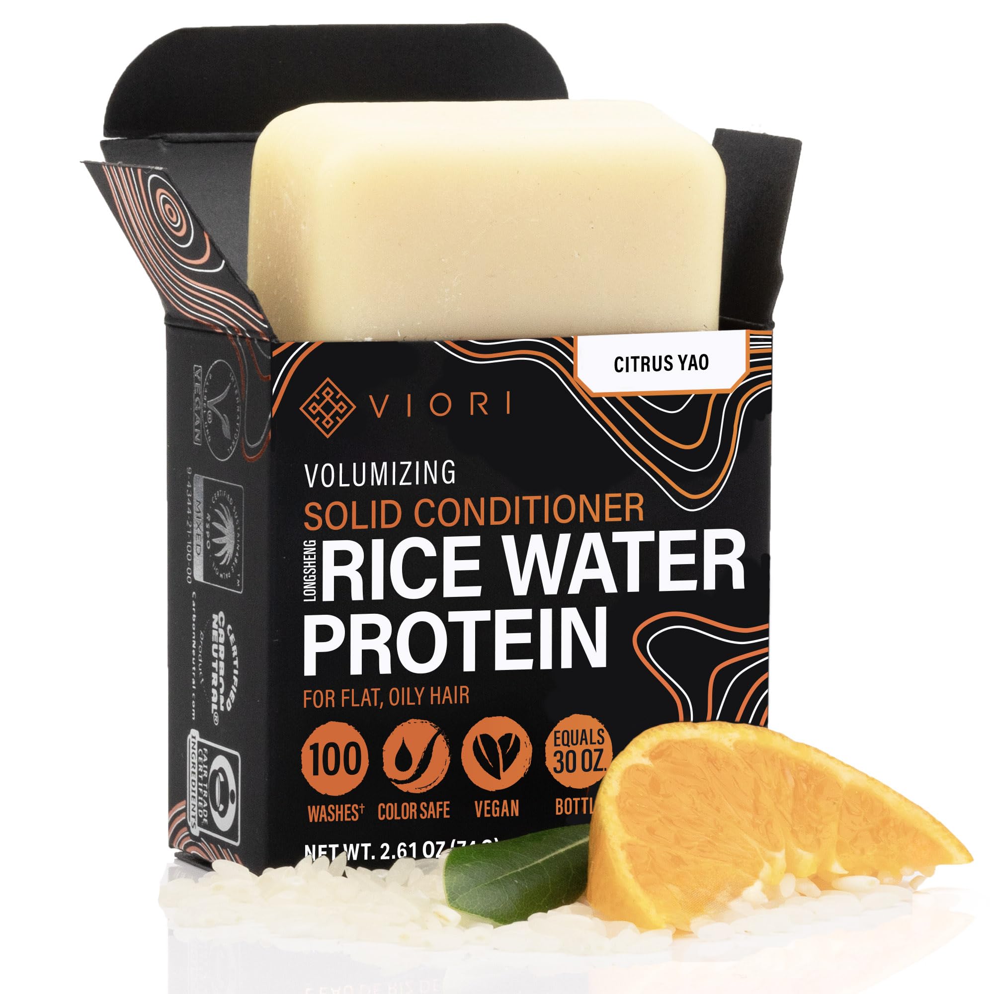 VioriConditioner Bar - Handcrafted with Longsheng Rice Water & Natural Ingredients - Sulfate-free, Paraben-free, Cruelty-free, Phthalate-free, pH balanced 100% Vegan, Zero-Waste (Citrus Yao)