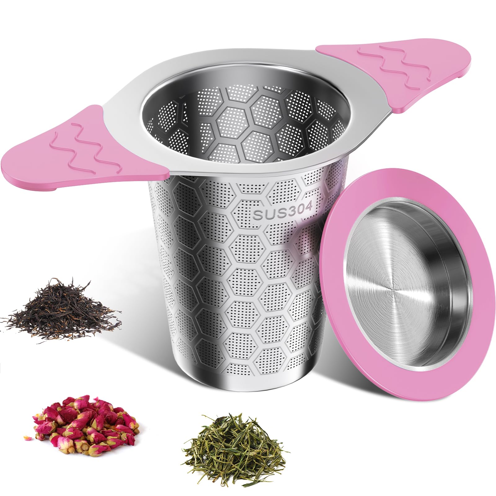 yomanta teesieb für losen tee mit Deckel, Breiter Griff mit hitzebeständigem Silikon, 304 Edelstahl Teesieb für Teekannen/Tassen-rosa