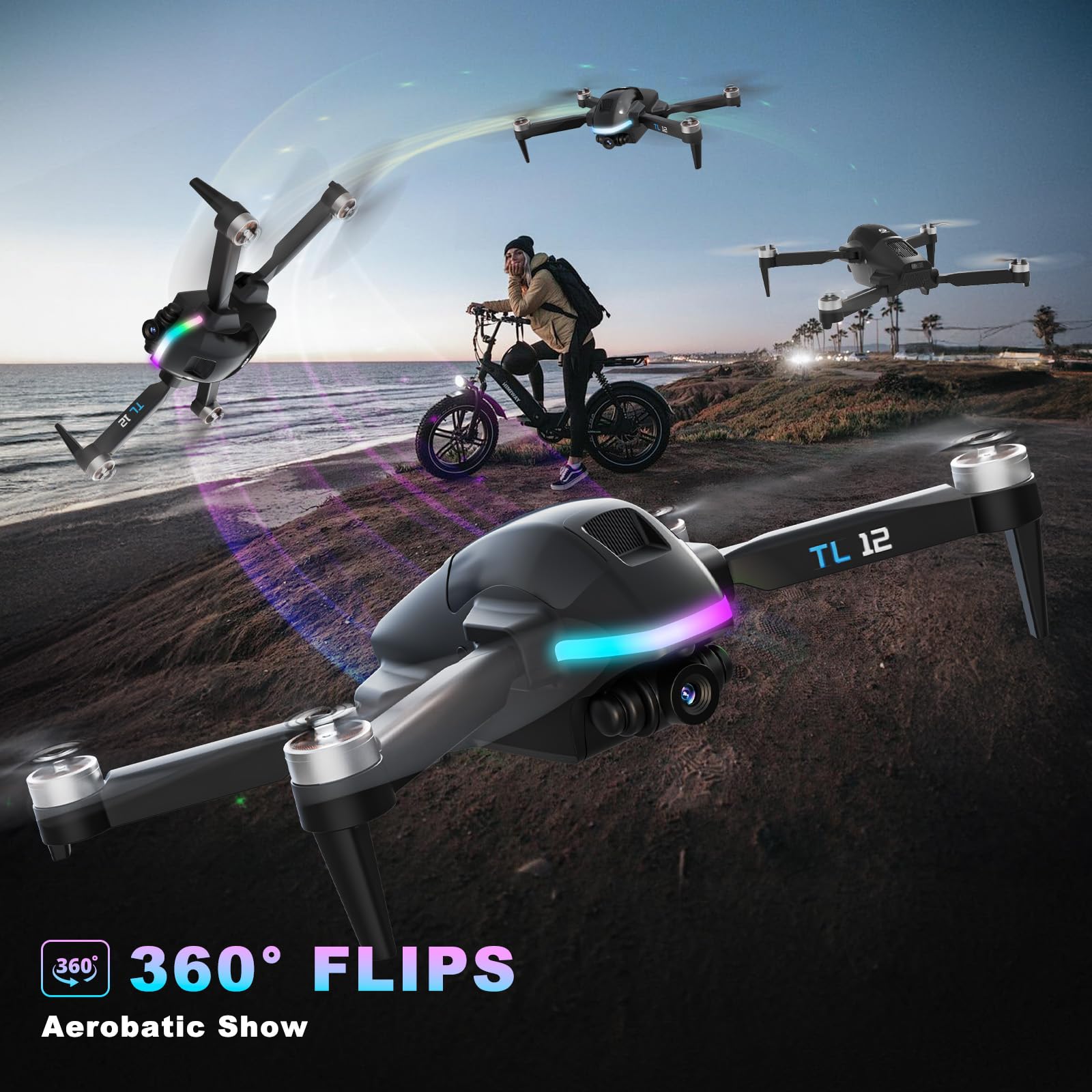 TL12 RGB Illuminato Droni Motore Senza Spazzole Drone con Telecamera 1080P 3D Flips Trasmissione FPV Mantenimento Dell'Altitudine Avvio con Un Solo Tasto RC Quadcopter per Principianti Luci Multiple