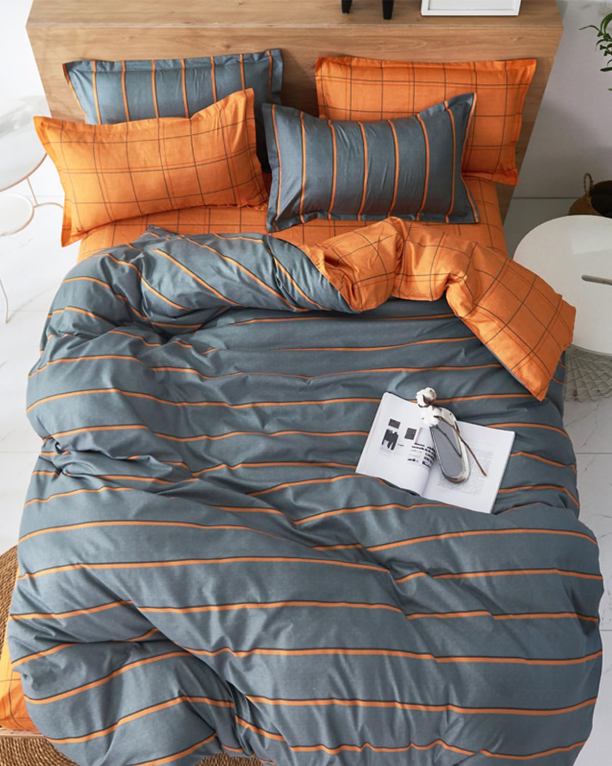 Copripiumino una Piazza e Mezza 180x220cm, in Microfibra, Reversibile Biancheria da Letto Moderno Plaid Strisce 3 Pezzi, Copripiumone con Cerniera e 2 Federe, Arancione Grigio