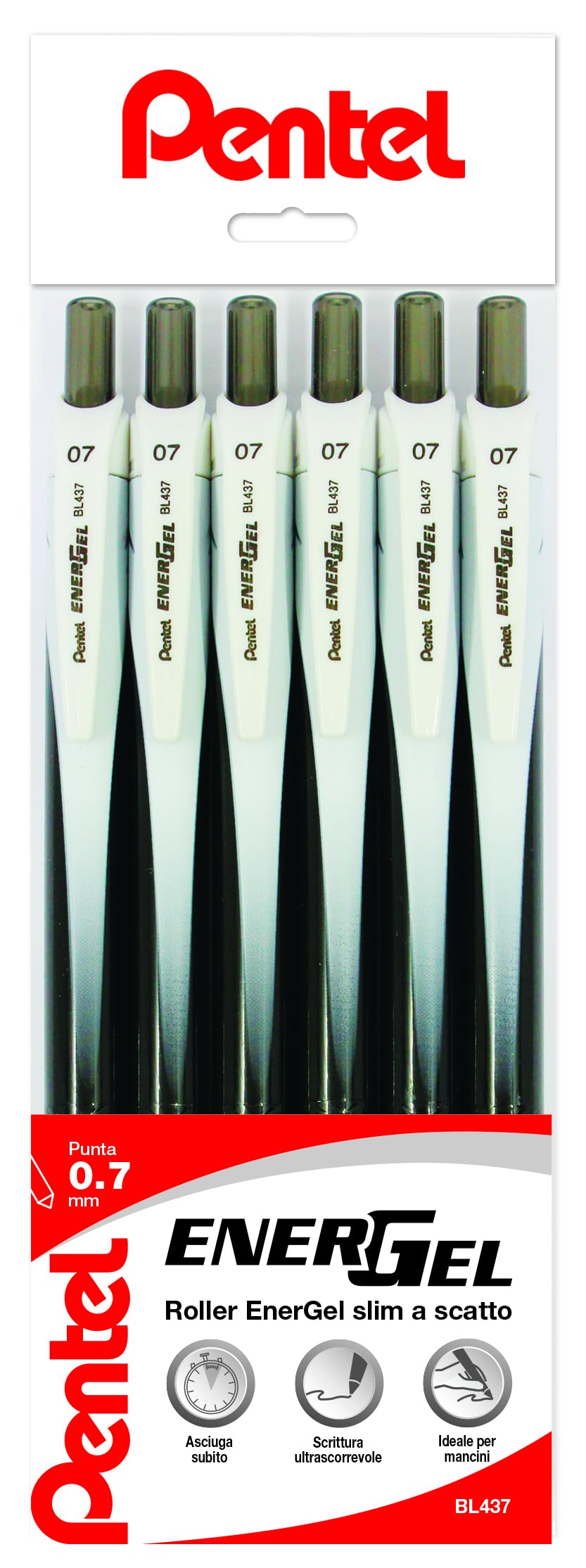 Pentel BL437 Energel Slim roller gel 0,7 mm nero 6 pezzi