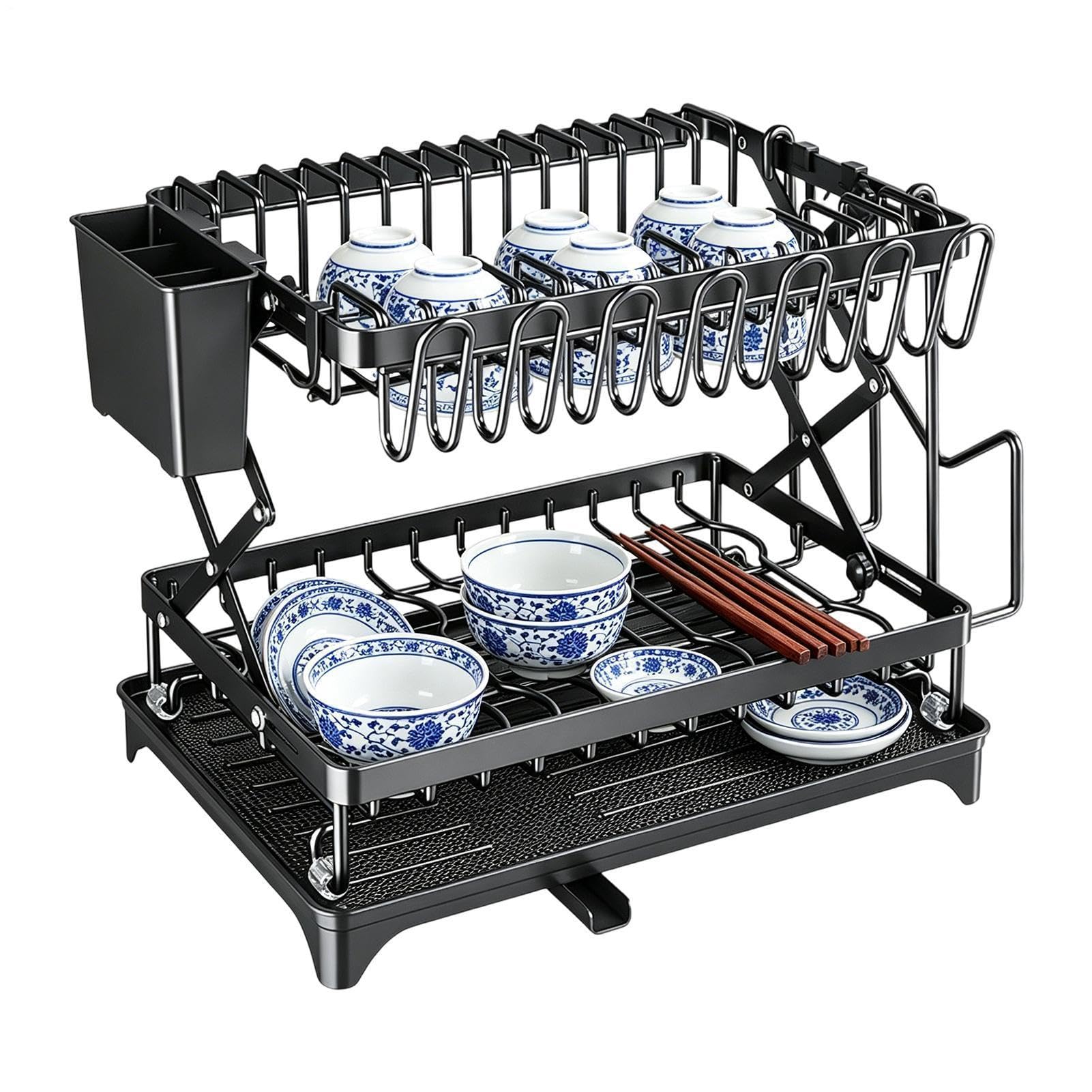 Escurridor de platos de 2 niveles con tabla de de gran capacidad | Escurreplatos para fregadero de cocina para el hogar, restaurante, cuencos, sartenes, tenedores, tablas de cortar, tazas