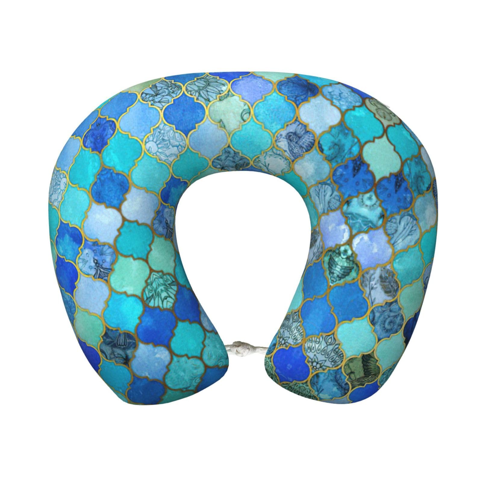 ASFgda U-Shape Memory Foam Turquoise Pattern Print Travel Pillow,Neck Support,Washable Cover For Airplane Car Home Office