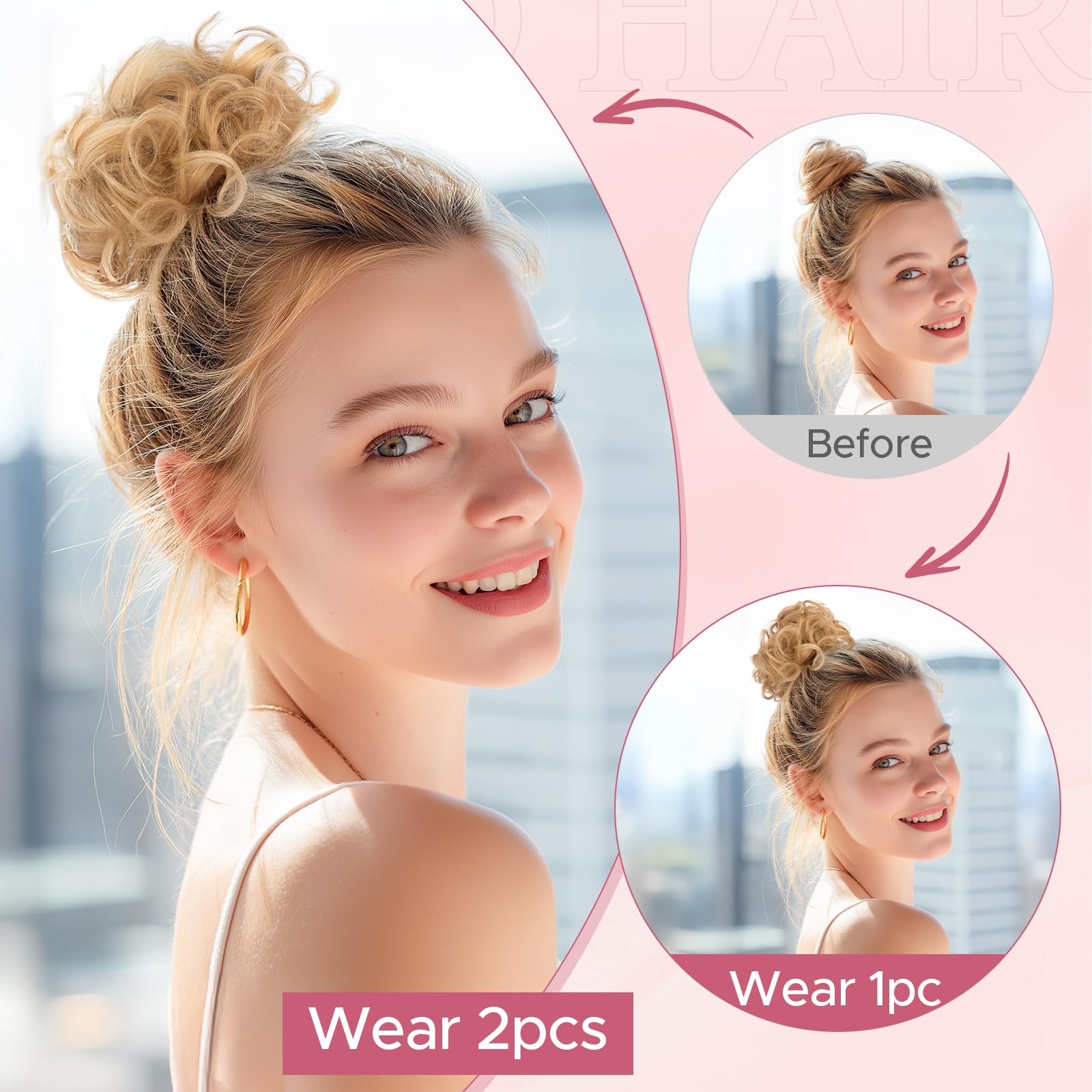 SEGOHAIR 17G Messy Bun Scrunchies Human Hair Curly Wavy Donut Hairpiece for Women Girls Medium Brown Mixed Dark Blonde Hair Bun Maker Elastic Real Remy Donuts Updo Chignon - Image 4