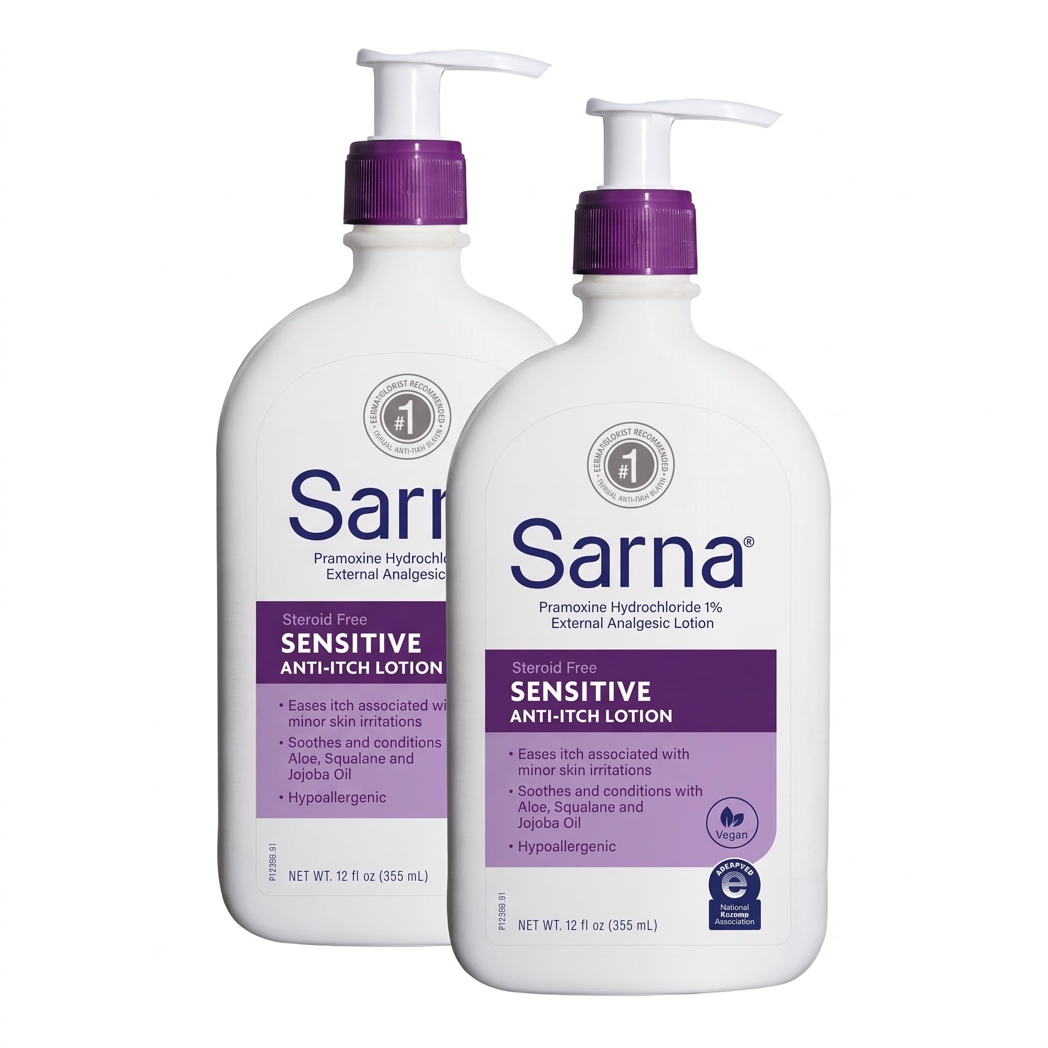 Sarna Sensitive Anti-Itch Lotion, Steroid-Free, Fragrance-Free, Vegan, Hypoallergenic, National Eczema Association Accepted, 1% Pramoxine Hydrochloride, 12 oz (Pack of 2)