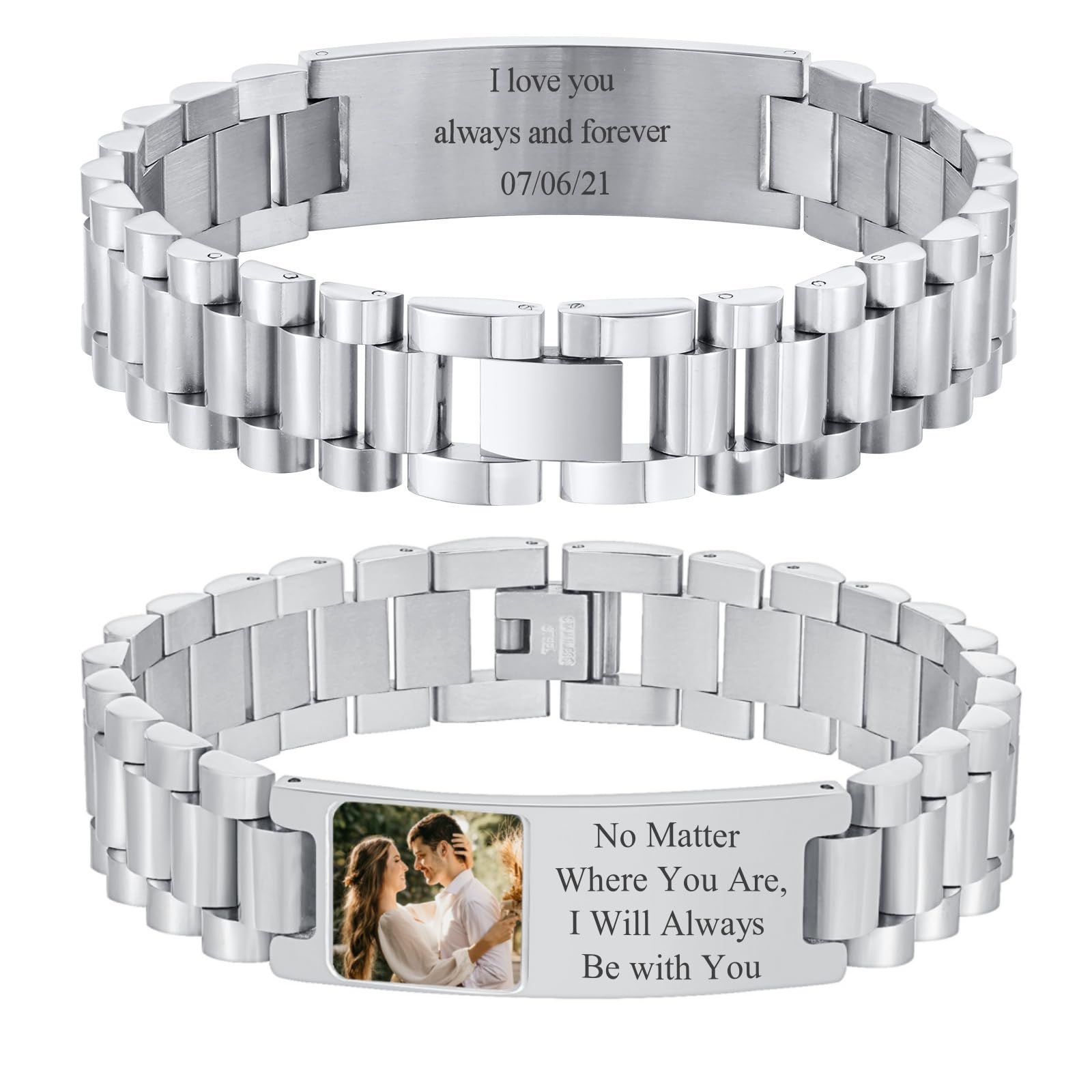 Personalized Picture Bracelet for Men - Free Engraved Customized Photo Bracelets,Hypoallergenic Stainless Steel Adjustable Wristband,Custom Engraving
