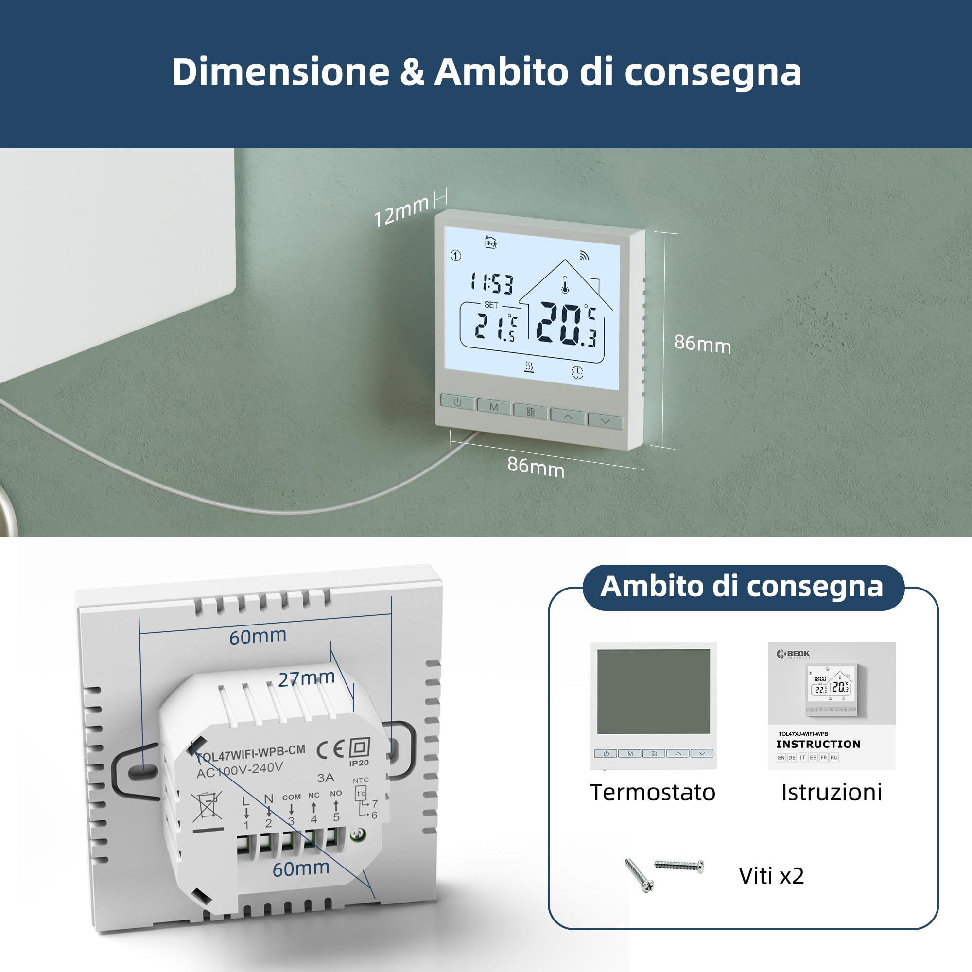 BEOK Termostato wifi per Caldaia,Termostato ambiente tuya Smart digitale Programmabile settimanale,Termostato intelligente con Alxa controllo vocale.cronotermostato wifi domestica .3A TOL47WIFI