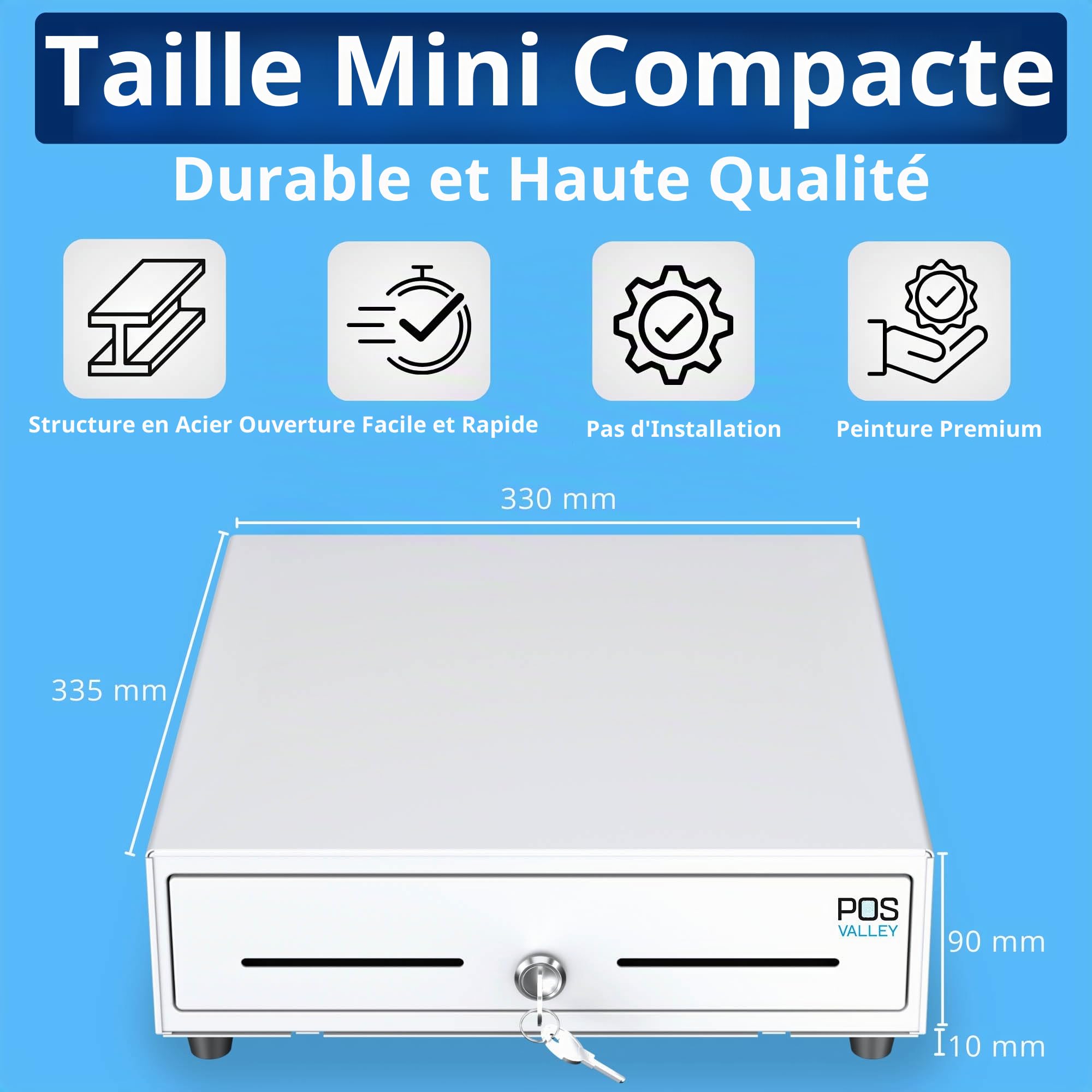 Tiroir pour enregistreur de caisse petit, ouverture automatique RJ11 et clé, insert en espèces 4 billets et 8 pièces (euros), 33 x 33 cm (blanc)