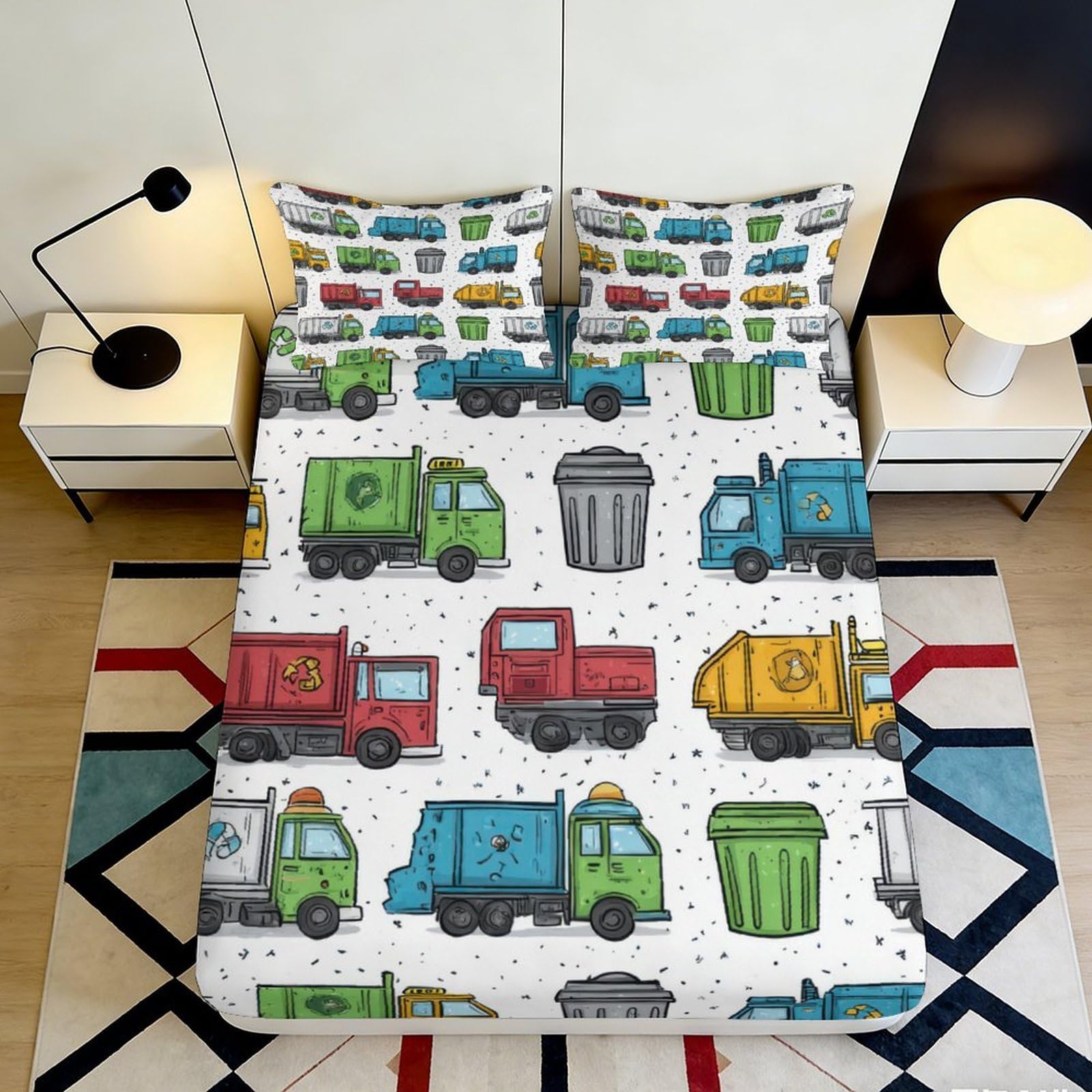3D Printed Garbage Truck Fitted Sheet Microfiber Colourful Waste Bin Mattress Cover for Bedroom Dorm Decor 90x200x25cm