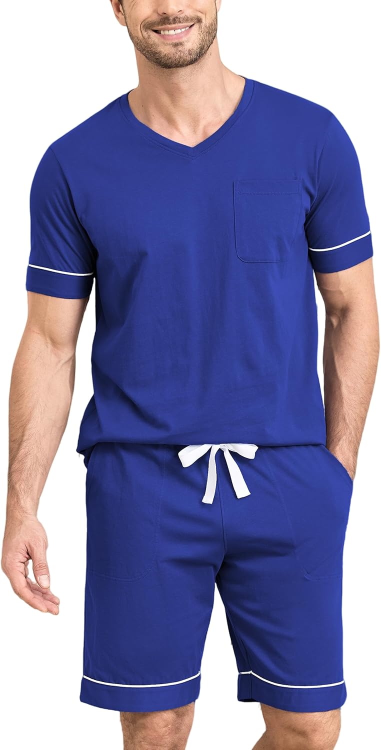 EA'S SECRET 100% Cotton Mens Pajamas Set Men's Sleepwear Short Sleeve Shirts Soft Lightweight V-Neck Pjs Set Loungewear Knit