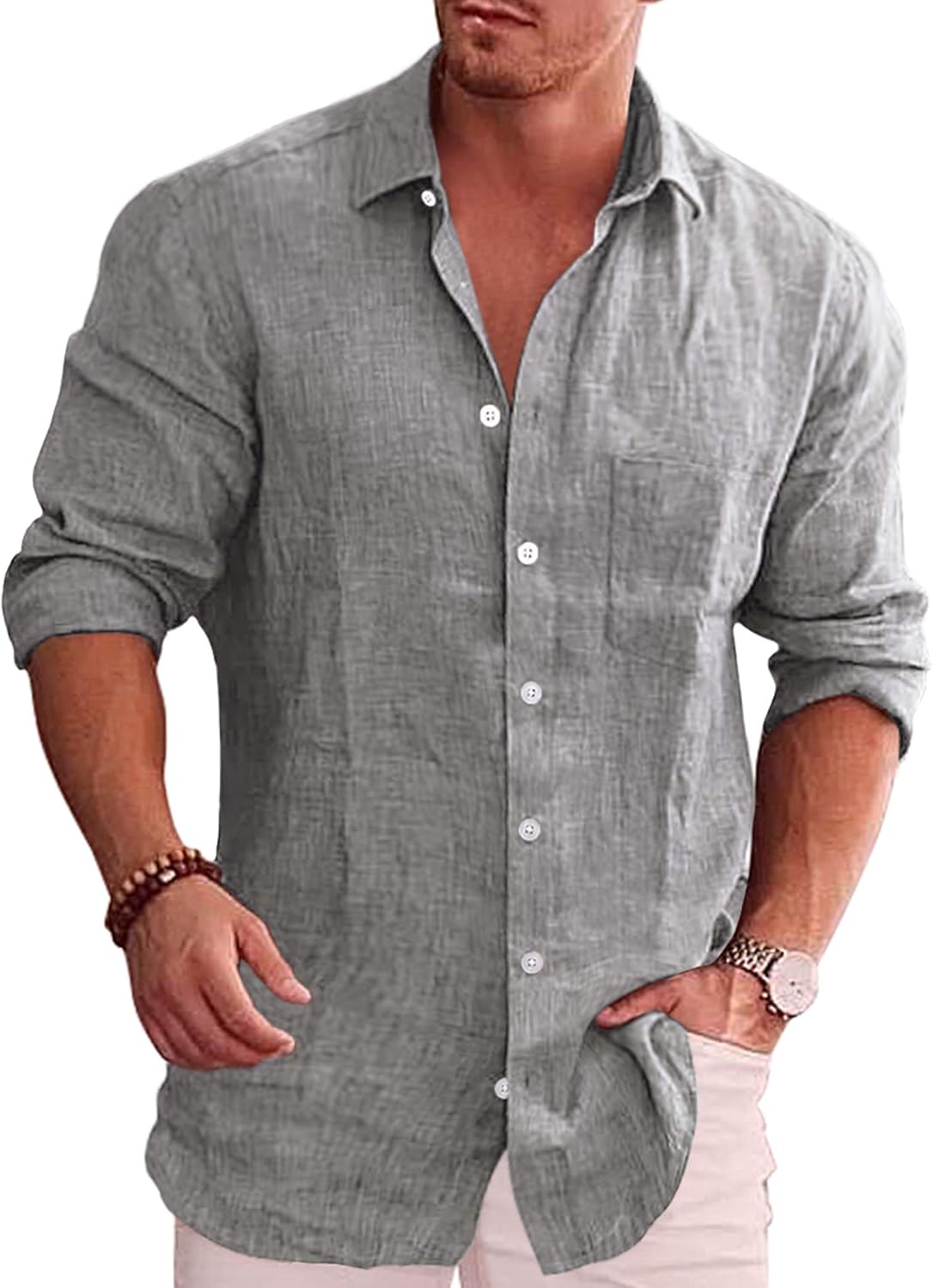 COOFANDY Men's Casual Button Down Shirt Long Sleeve Linen Chambray Shirt