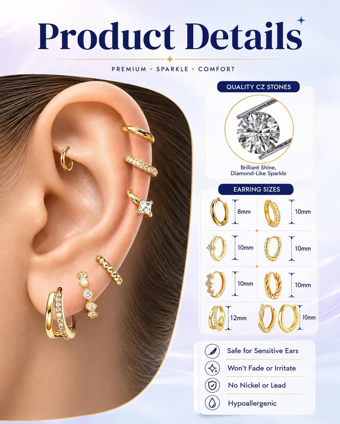 Nunpag 9 Pairs 14K Gold Plated Chunky Huggie Hoop Earrings Set for Women Hypoallergenic Stainless Steel Lightweight Small Earring Stacks for Multiple Piercings Non Tarnish Jewelry Gift Twisted 8-12mm