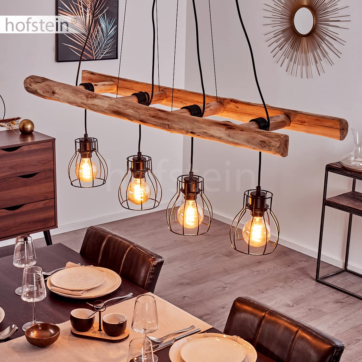 Lampada a sospensione Gondo, lampada allungata in metallo/legno in nero/legno, lampada a soffitto a 4 luci, paralumi a reticolo, regolabile individualmente, altezza massima 193cm, E27, senza lampadine