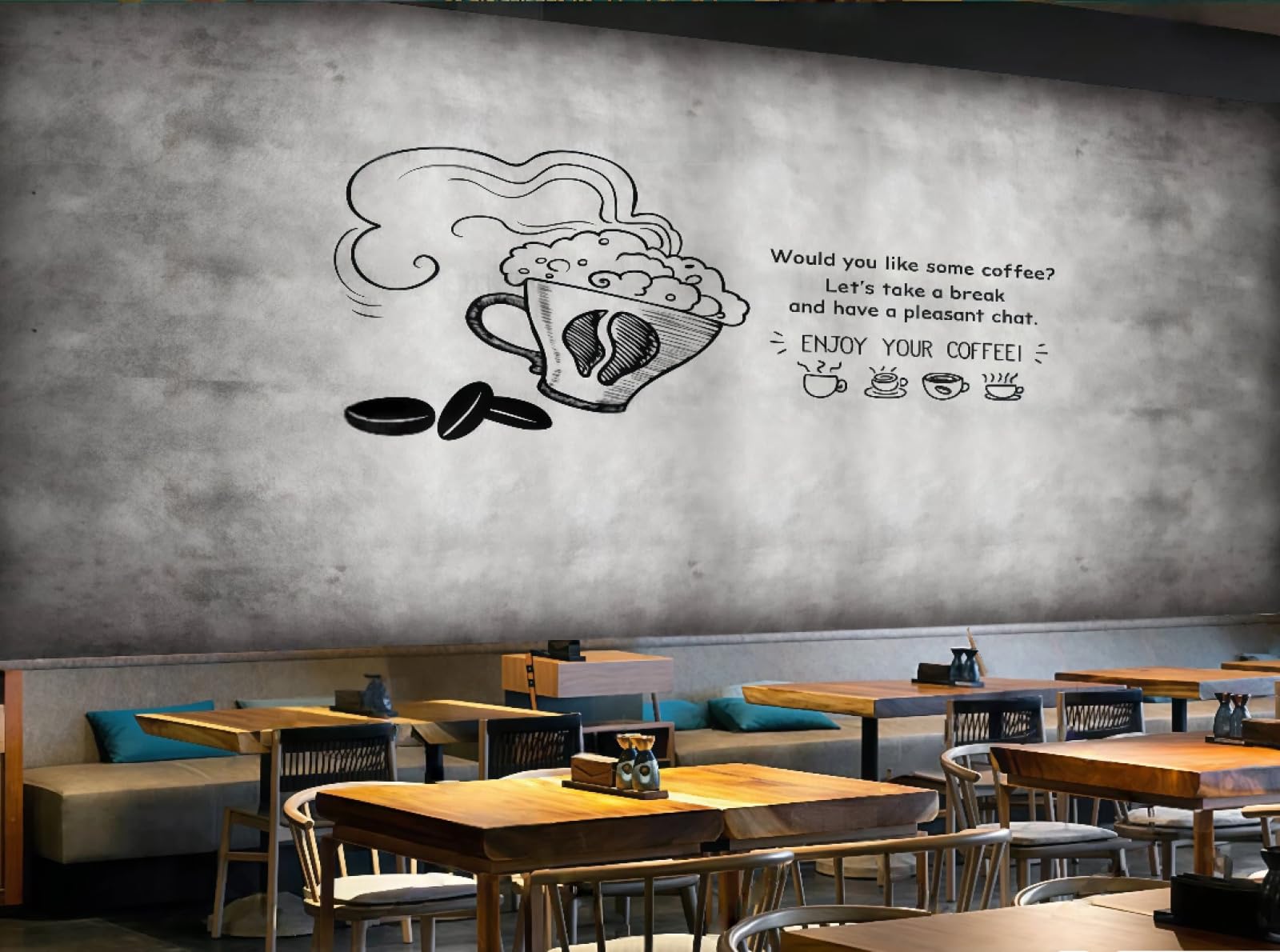 XDOUBAO Wallpaper Nostalgic Cement Wall Hand-Painted English Letters Coffee Theme Drink Afternoon Tea Western Restaurant Background Wall Wallpaper Coffee Shop Mural,3D,150x105cm