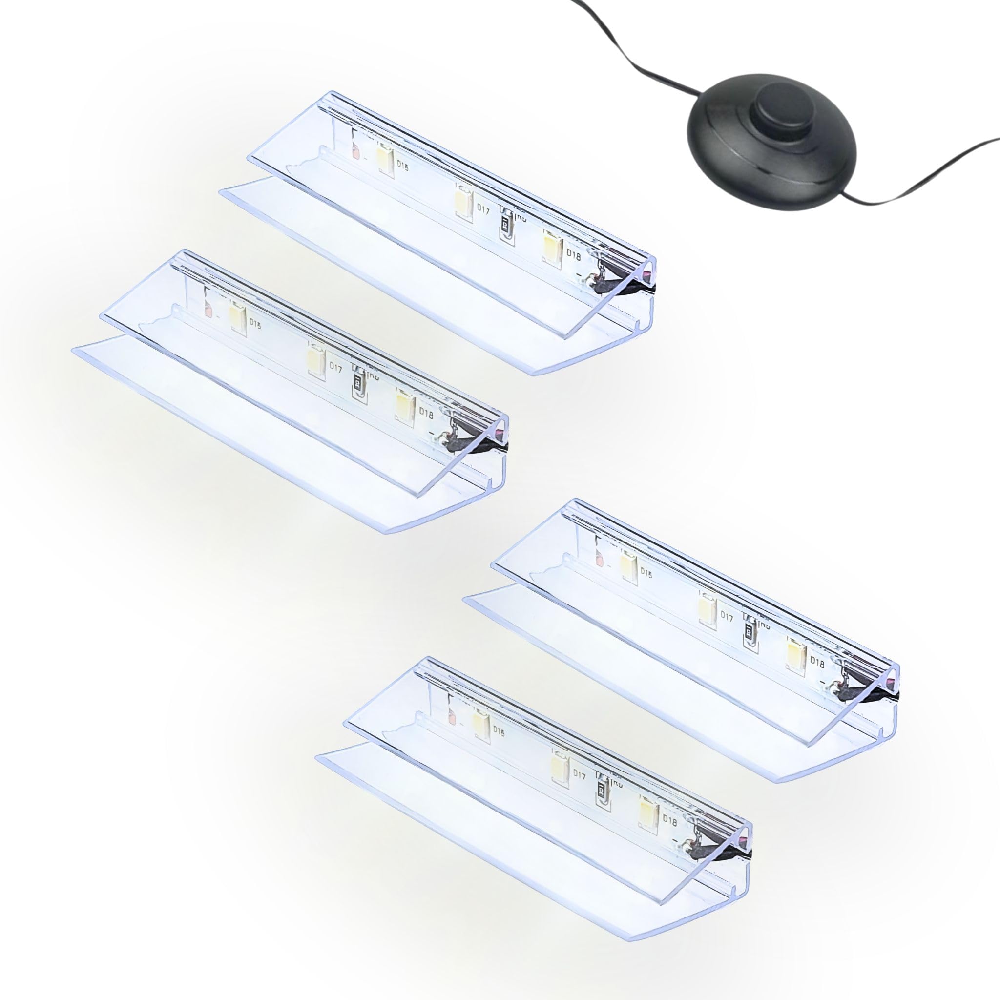 kalb | LED Glaskantenbeleuchtung Ambilux Clip transparent 3000K 5000K 1-10 Sets für Glasböden 4-10mm Fußschalter Glasbodenbeleuchtung erweiterbar um Dimmer/Controller Plug & Play (kaltweiß, 4er Set)