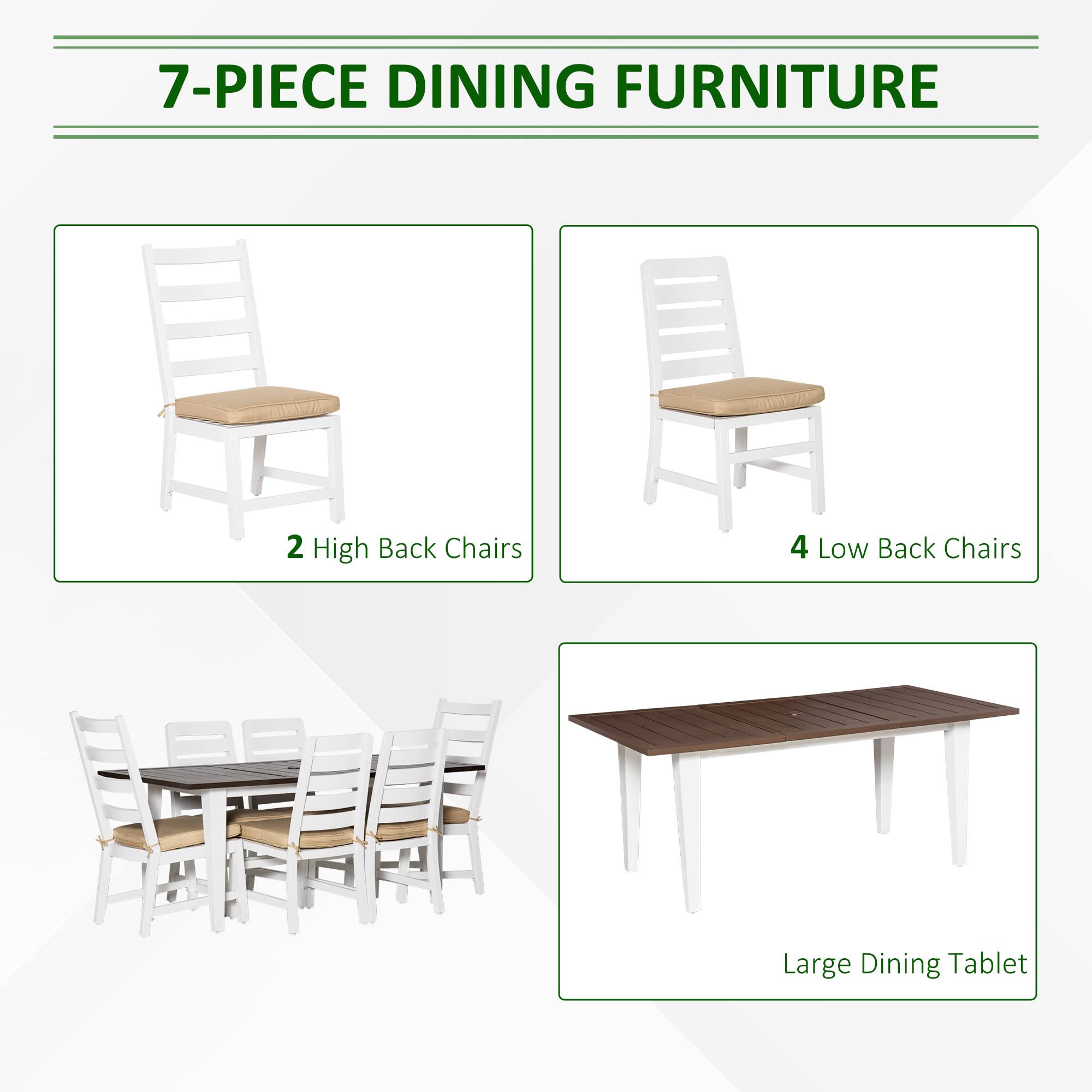 Juego de comedor de patio para 6, juego de muebles de exterior con mesa y sillas, cojines, agujero para sombrilla para jardín, patio trasero o junto a la piscina, beige 3