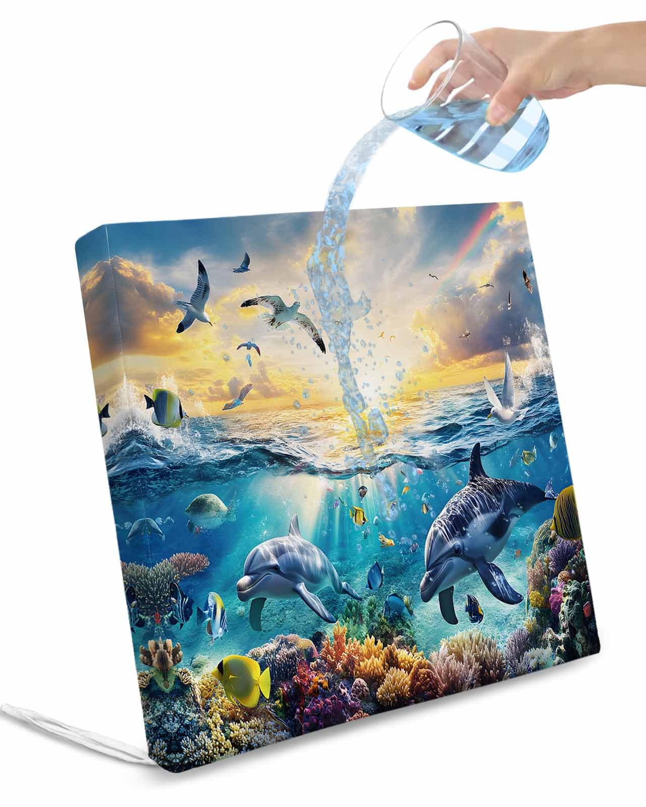 2 Pack Ocean Turtle Waterproof Cushion Covers with Ties, Outdoor Patio Chaise Lounge Chair Seat Cushion Slip Covers Replacement(Only Cover) Whale Coral Orange Sunlight Seagull 24