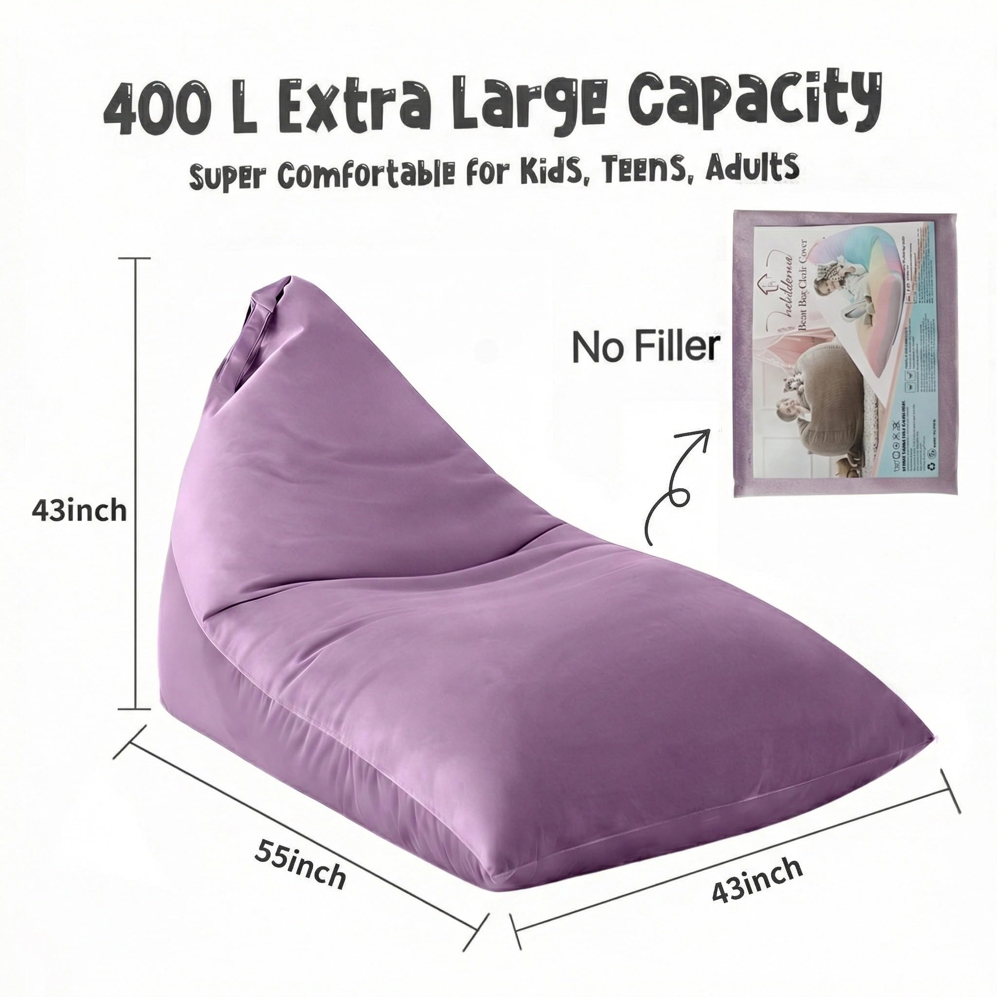 Fodera per poltrona sacco (senza imbottitura), per adulti e ragazzi, copertura in velluto spesso, 400 l (doppia viola, grande)