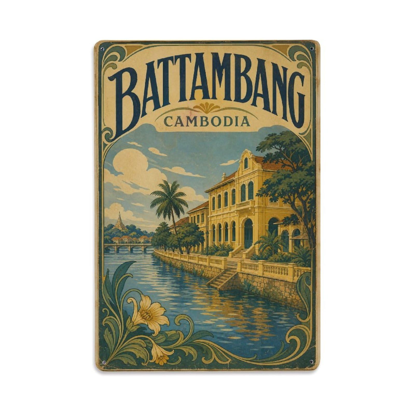 Vintage Travel Cambodia Battambang Metal Tin Sign Plaque Wall Decor for Cafe, Club Bar, Office, Garden Metal Poster 8x12Inch