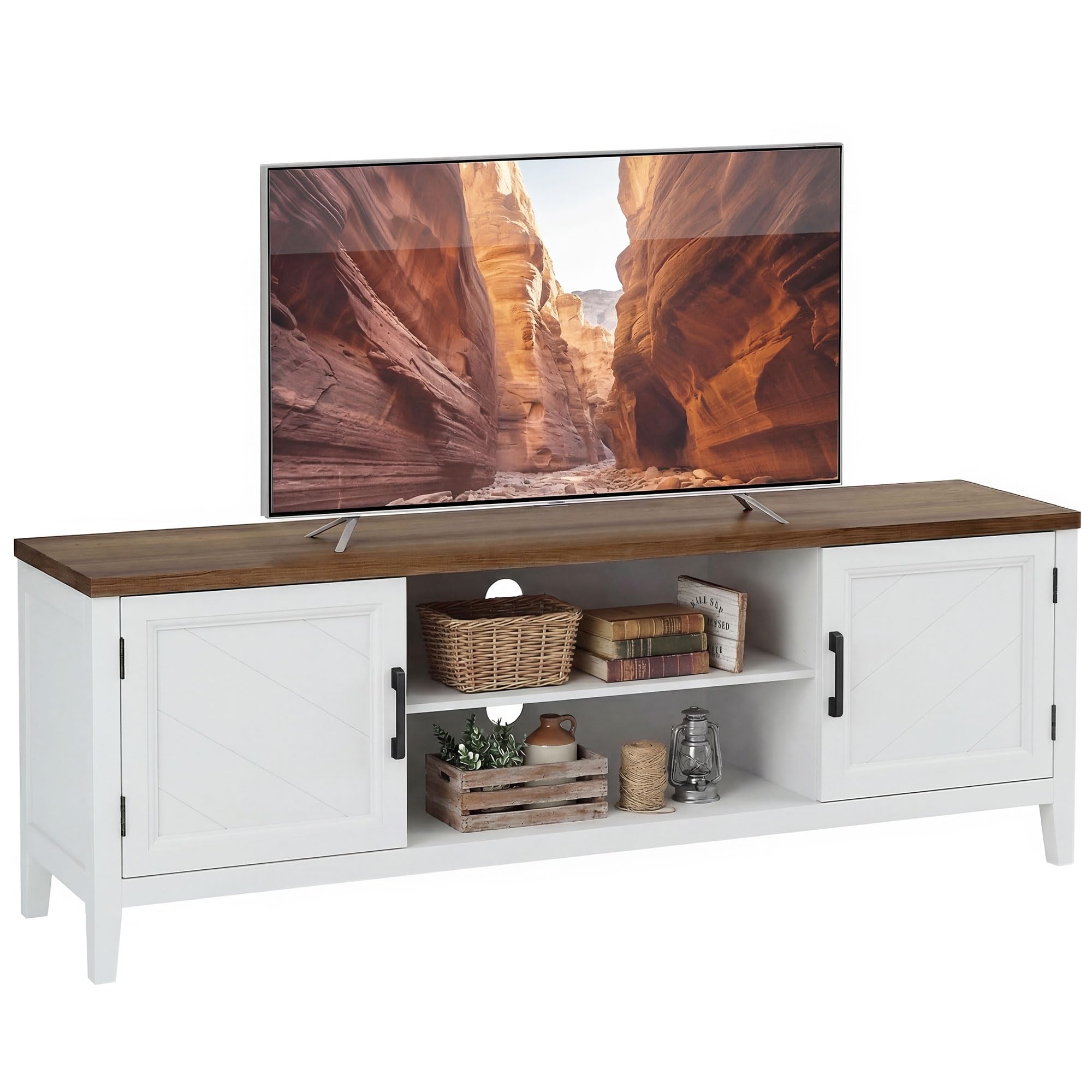 HOMCOM Mobile TV da 140 cm, Mobile TV per TV fino a 42 pollici con 2 ante 2 scomparti aperti, stile rustico, Panca TV per soggiorno, camera da letto, bianco e marrone