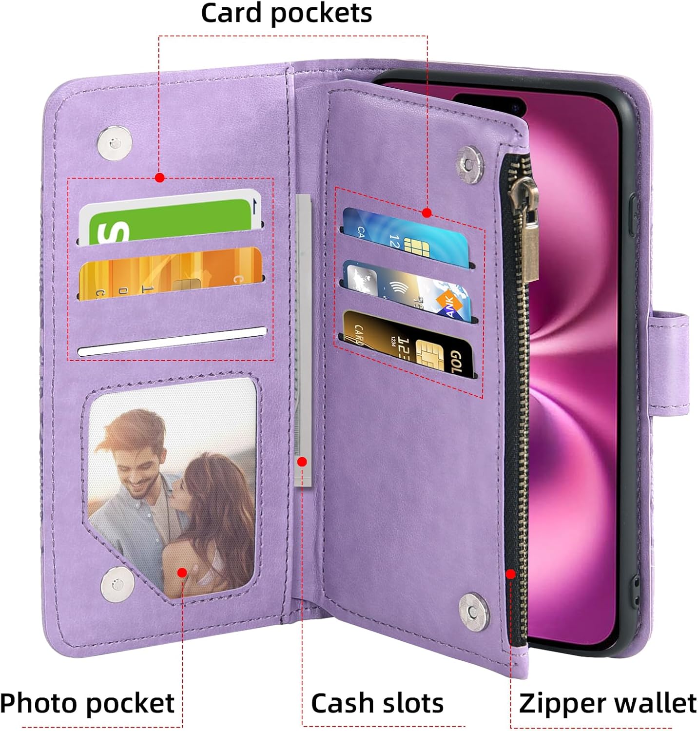 Asuwish Compatible with iPhone 16 Plus 6.7 inch Wallet Case and Tempered Glass Screen Protector Flower Leather Flip Credit Card Holder Cell Phone Cover for i Phone16 16  i16   16Plus Women Men Purple