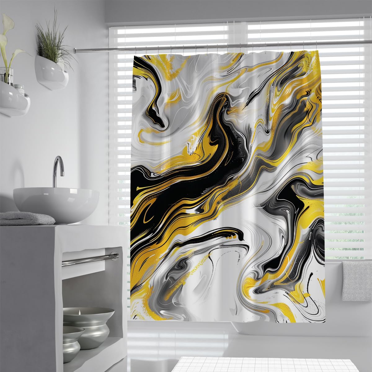 UIRINGART Fluid Art Bath Curtain W150xL200cm Abstract Black White Grey Yellow Gold Foil Texture Liquid Swirls Mildew Mould Resistant Polyester Fabric Shower Curtains