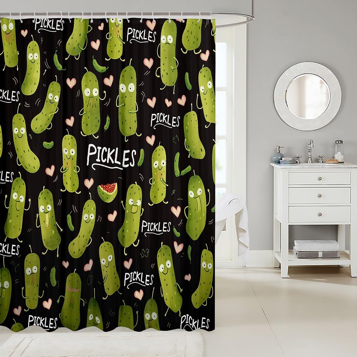 Pickle Bathroom Shower Curtain Sets Kawaii Cucumber Kids Shower Curtain Dill Pickle Fabric Shower Curtain 72" W X 78" L Love Heart Decor Bathroom Accessories For Boys Girls Teens Bathroom Decor