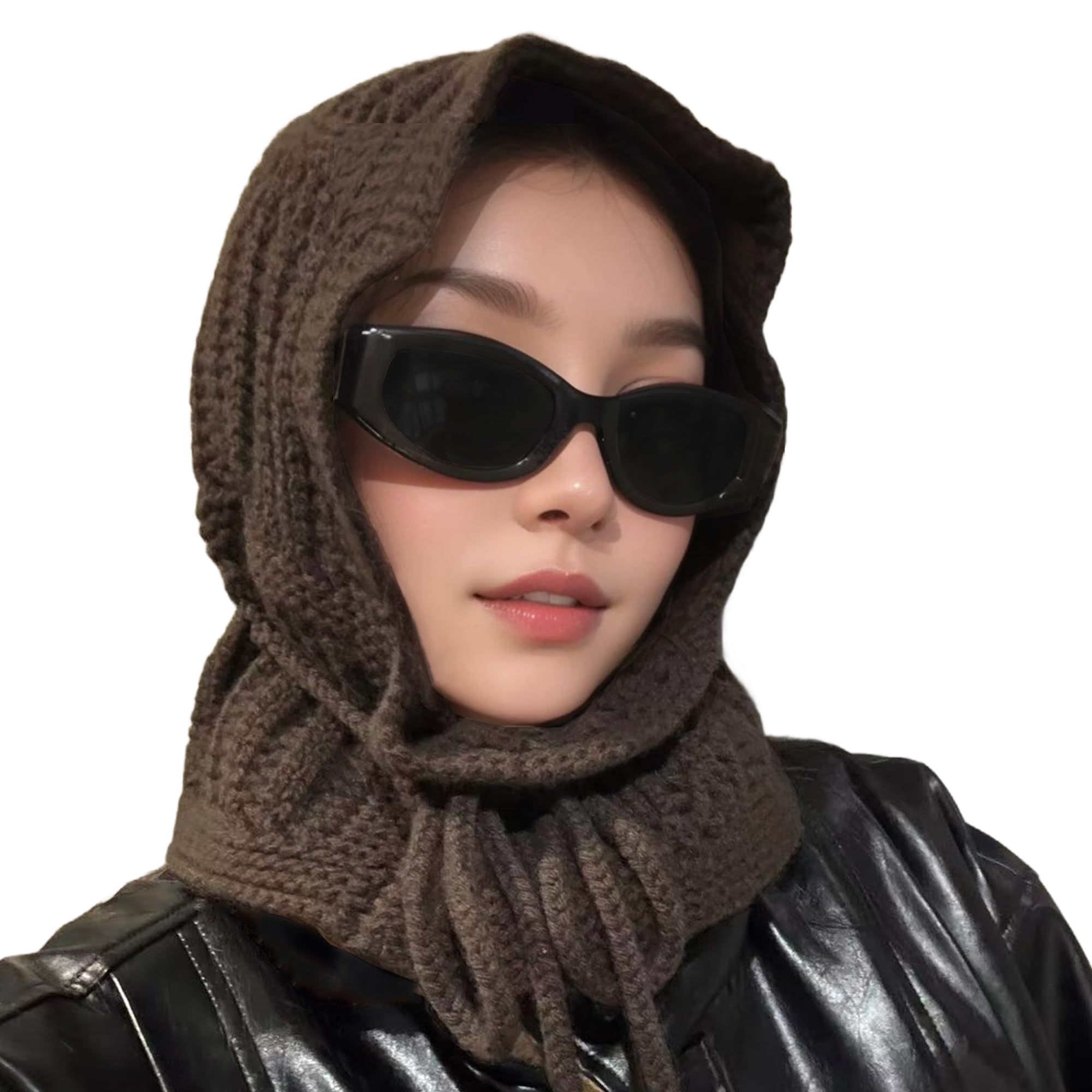 ACUSHLA 100% Merino Wool Fashion Balaclava for Women Soft Warm Light Hooded Scarf Knitted Hat and Scarf in One, Dark Brown, One Size