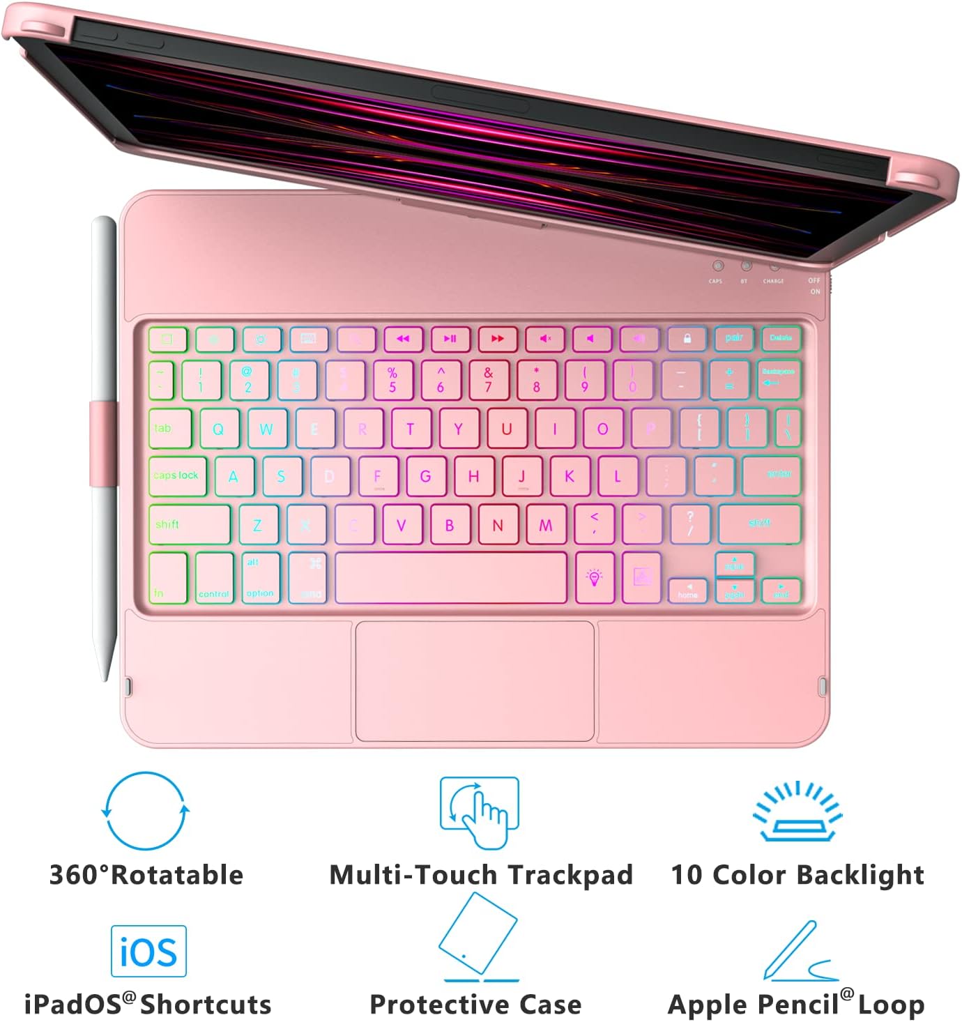 MMK for iPad 11 Pro Case with Keyboard | Compatible with iPad Air (4th, 5th Gen | M2, M3) & iPad Pro 11 inch (2018-2022, 1st-4th) |10 Color Backlight & 360 Rotation with Multi-Touch Trackpad-Rose Gold
