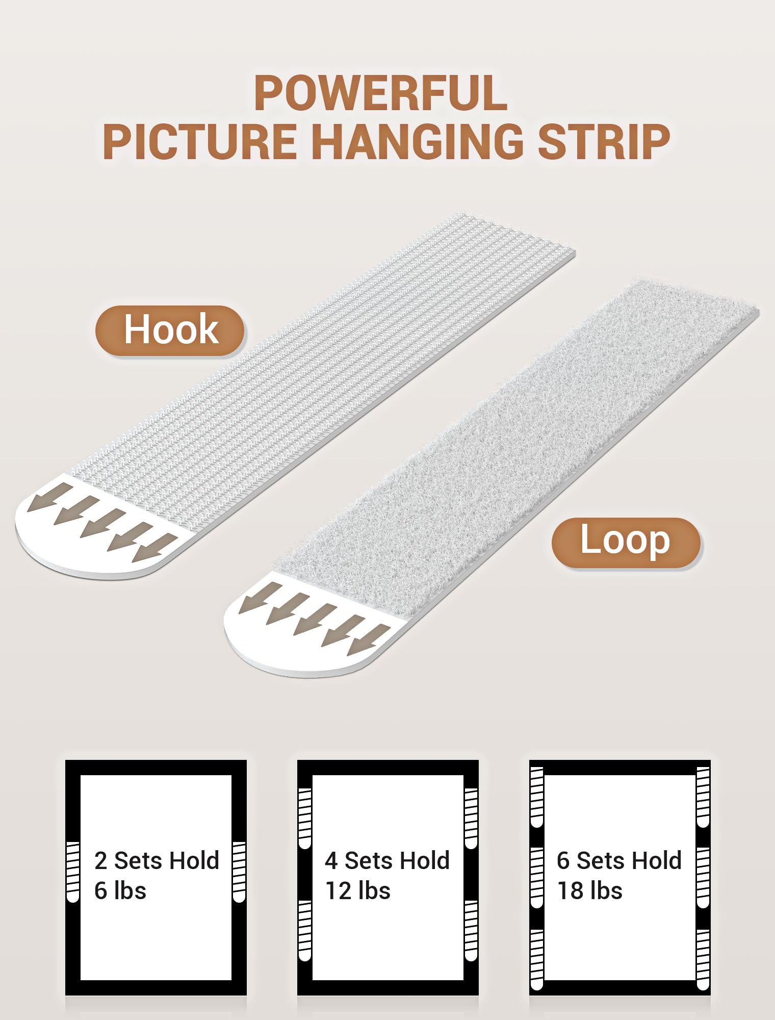 Tiras grandes resistentes para colgar cuadros, 20 pares (40 paquetes) ganchos adhesivos de velcro, sin daño, colgador de pared sin clavos, tiras para colgar pósteres, ganchos para colgar cuadros para