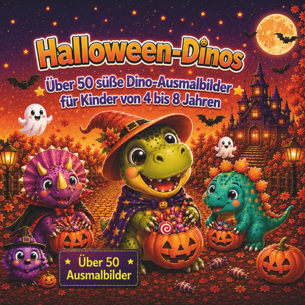 Halloween-Dinos: Lustiges Dino-Malbuch mit über 50 süßen Ausmalbildern für Kinder von 4 bis 8 Jahren