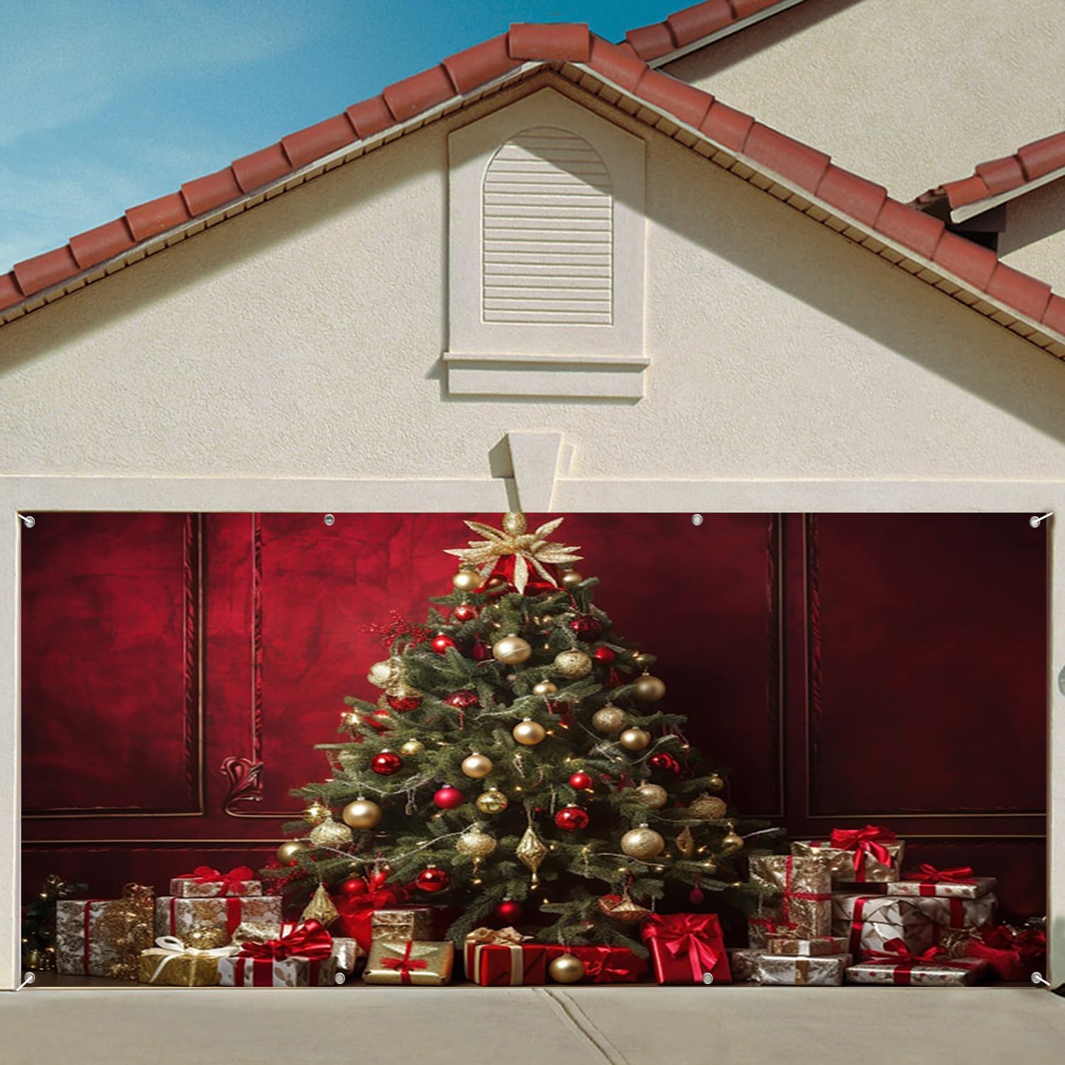 7x8ft Christmas Tree Garage Door Decor Retro Red Wall Golden Sphere Ornaments Festive Presents Gifts Festivals Garage Door Cover for Family Holiday Photo Shoot Studio Props