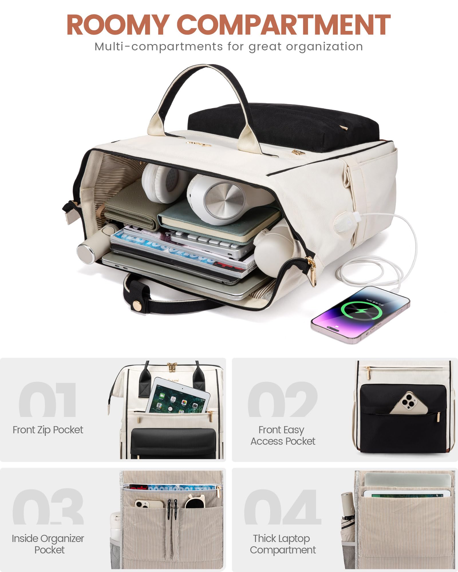 LOVEVOOK Zaino Porta PC Donna, Da Viaggio Lavoro Grande, Impermeabile Per Scuola Università, 15.6 Pollici Computer Laptop Travel Backpack Waterproof, Ufficio Antifurto Elegante Nero