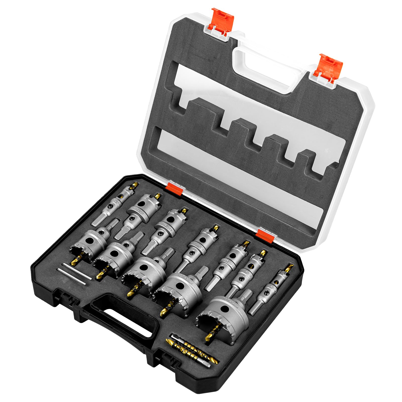 SALI Juego de 12 sierras perforadoras TCT con punta de carburo de tungsteno con broca piloto chapada en titanio para metal, acero inoxidable, hierro, madera, plástico 9/16" - 2-1/8" 14mm+16mm+19mm+