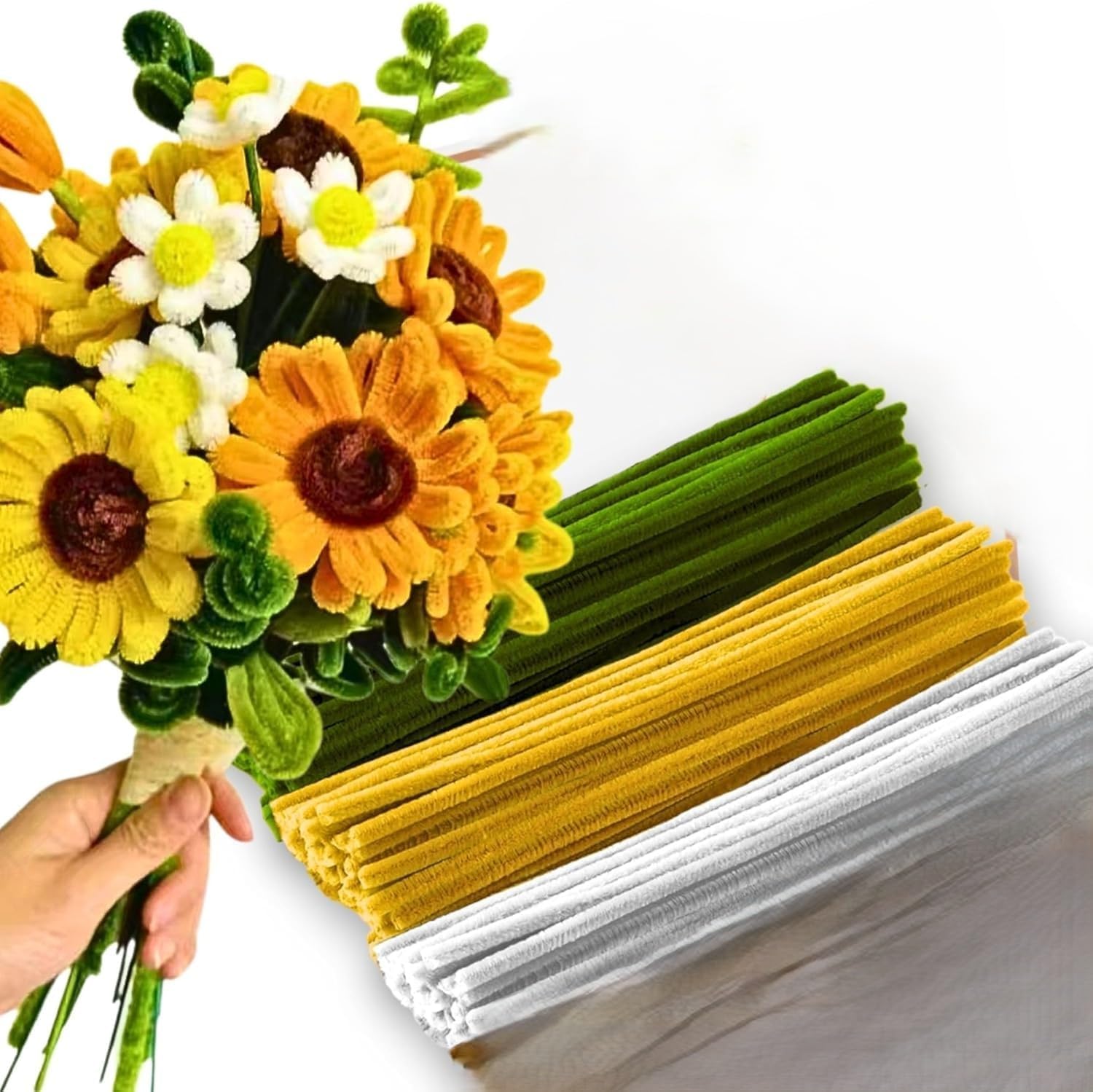 Thick Pipe Cleaners Craft Set, 3 Assorted Pastel Macaron Colors, Chenille Stems, 30cm Length, Matte Finish, for DIY Art Projects (Yellow, Green and White, 300 pcs)-image-18