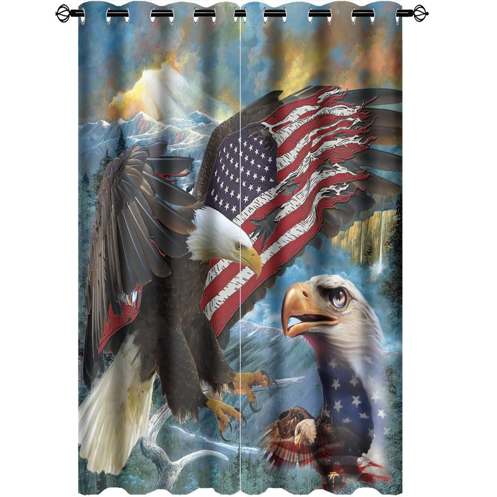American Flag Eagle Blackout Curtains - Abstract Forest Wildlife Bald Eagle USA Flag 3D Pattern Grommet Window Curtain Set Energy Saving Thermal