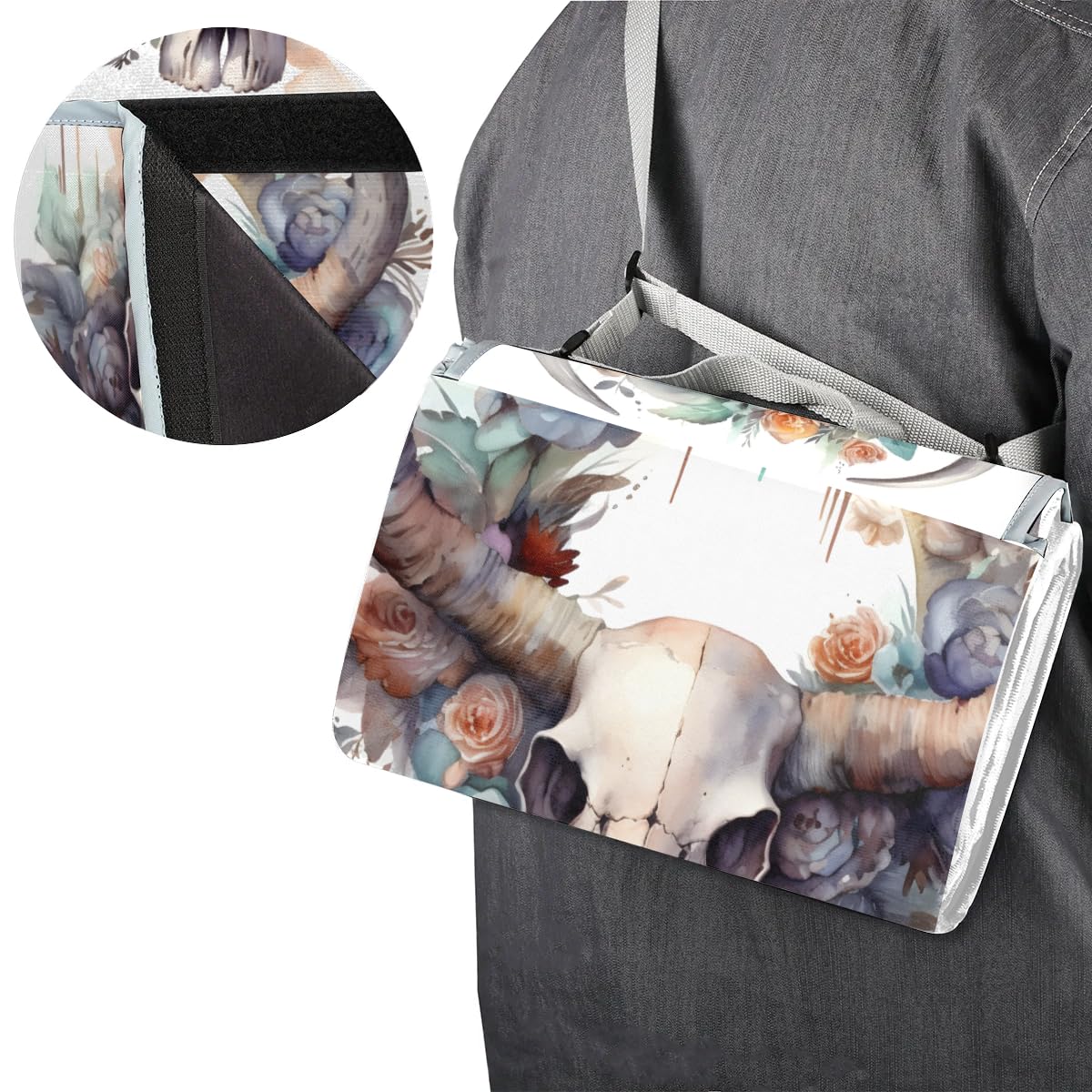 Manta de picnic de 150 x 145 cm, manta de playa plegable con diseño de calavera de vaca y flores en acuarela, para exteriores, impermeable, para playa, camping, senderismo, picnic